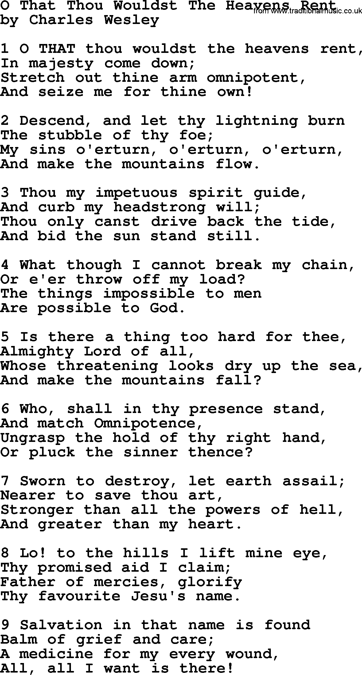 Charles Wesley hymn: O That Thou Wouldst The Heavens Rent, lyrics