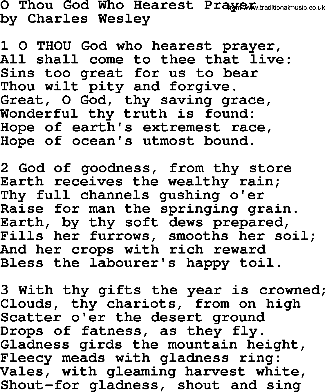 Charles Wesley hymn: O Thou God Who Hearest Prayer, lyrics
