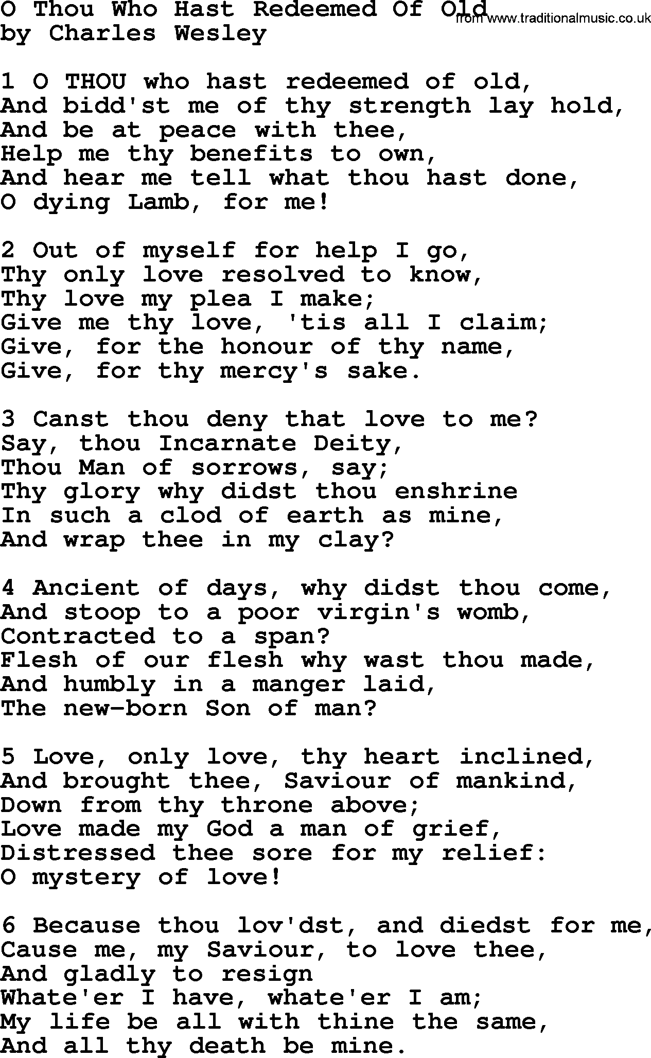 Charles Wesley hymn: O Thou Who Hast Redeemed Of Old, lyrics