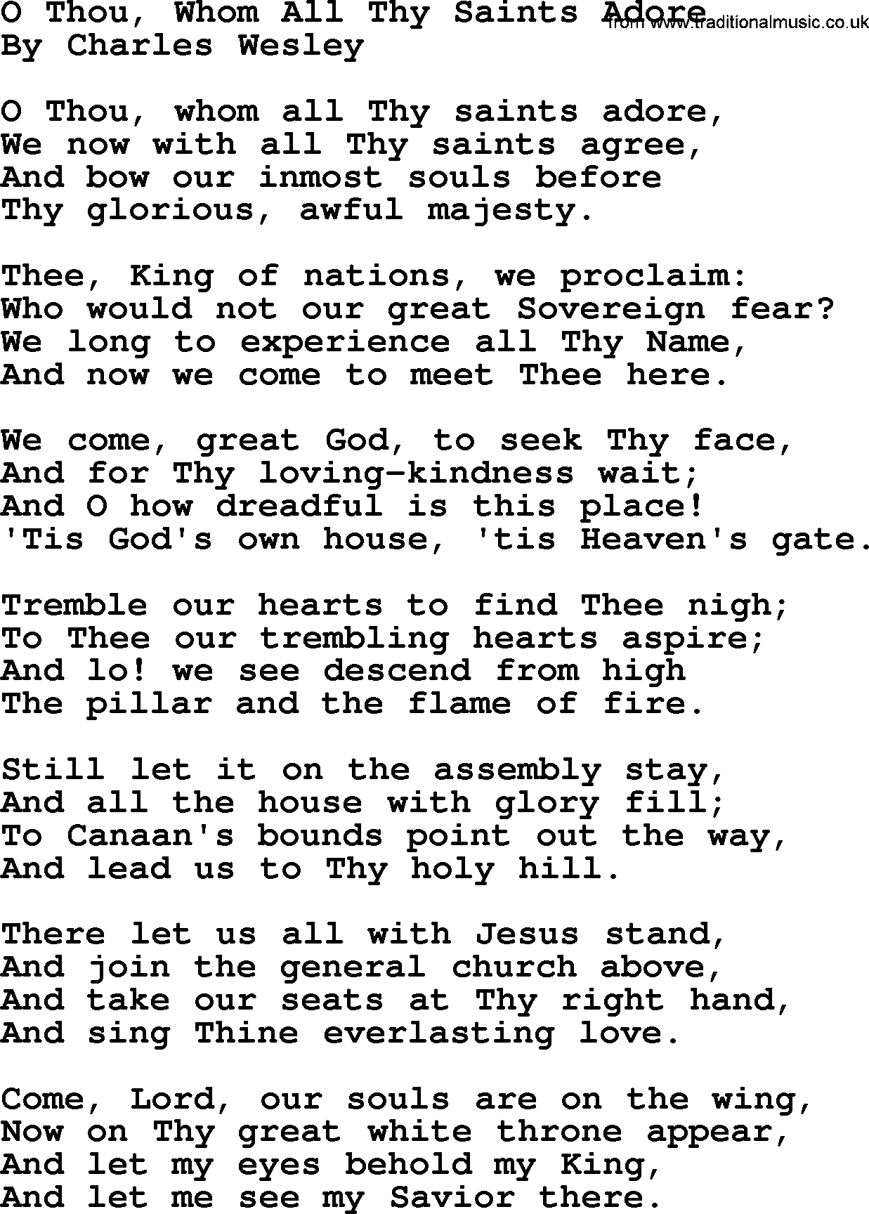 Charles Wesley hymn: O Thou, Whom All Thy Saints Adore, lyrics