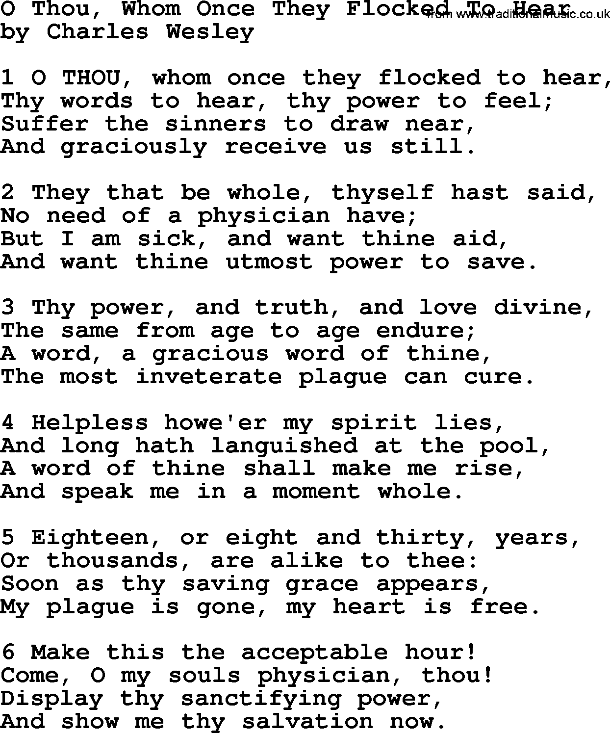 Charles Wesley hymn: O Thou, Whom Once They Flocked To Hear, lyrics