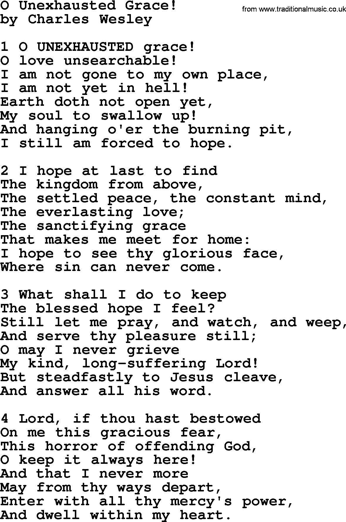 Charles Wesley hymn: O Unexhausted Grace!, lyrics
