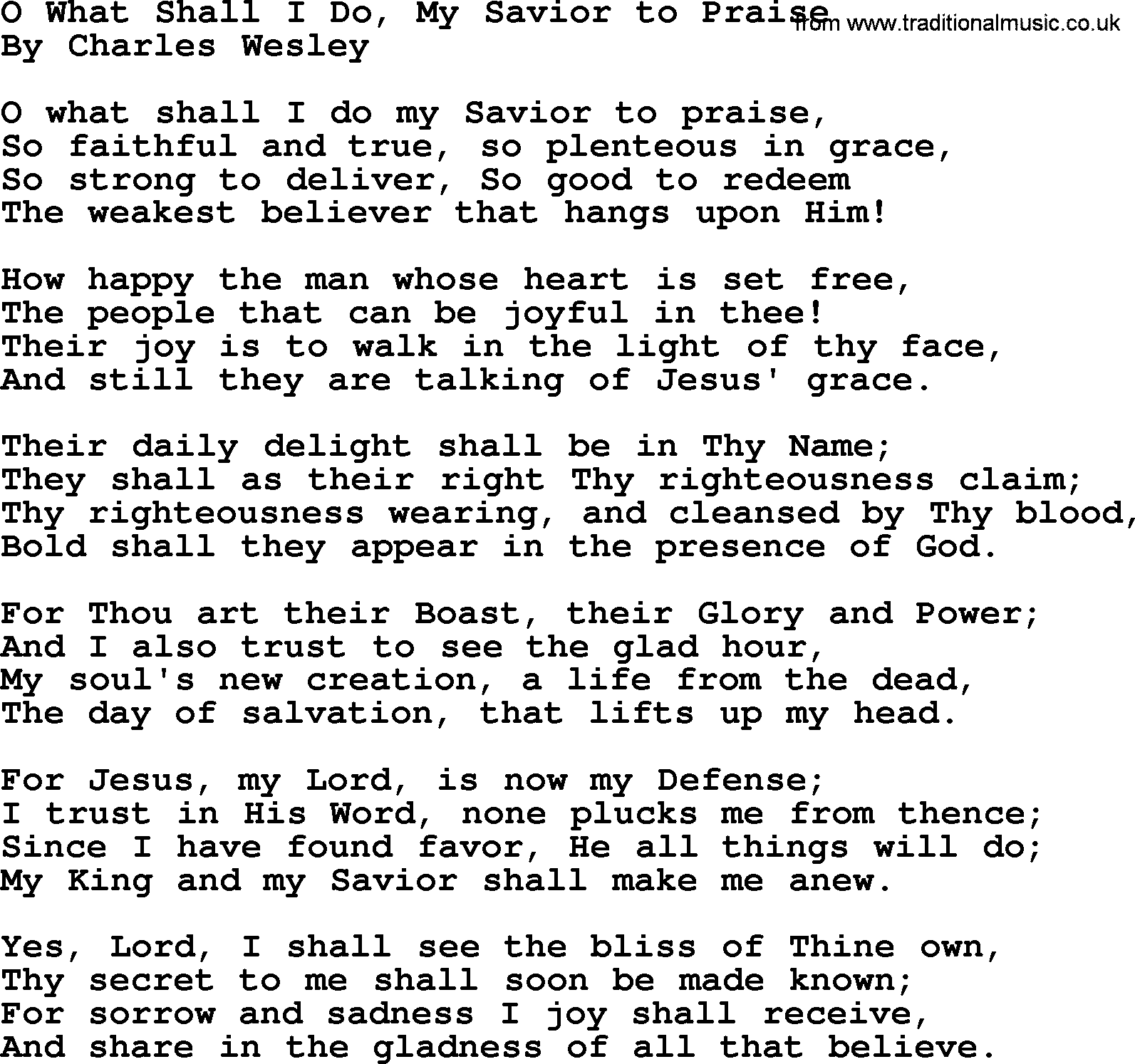 Charles Wesley hymn: O What Shall I Do, My Savior to Praise, lyrics