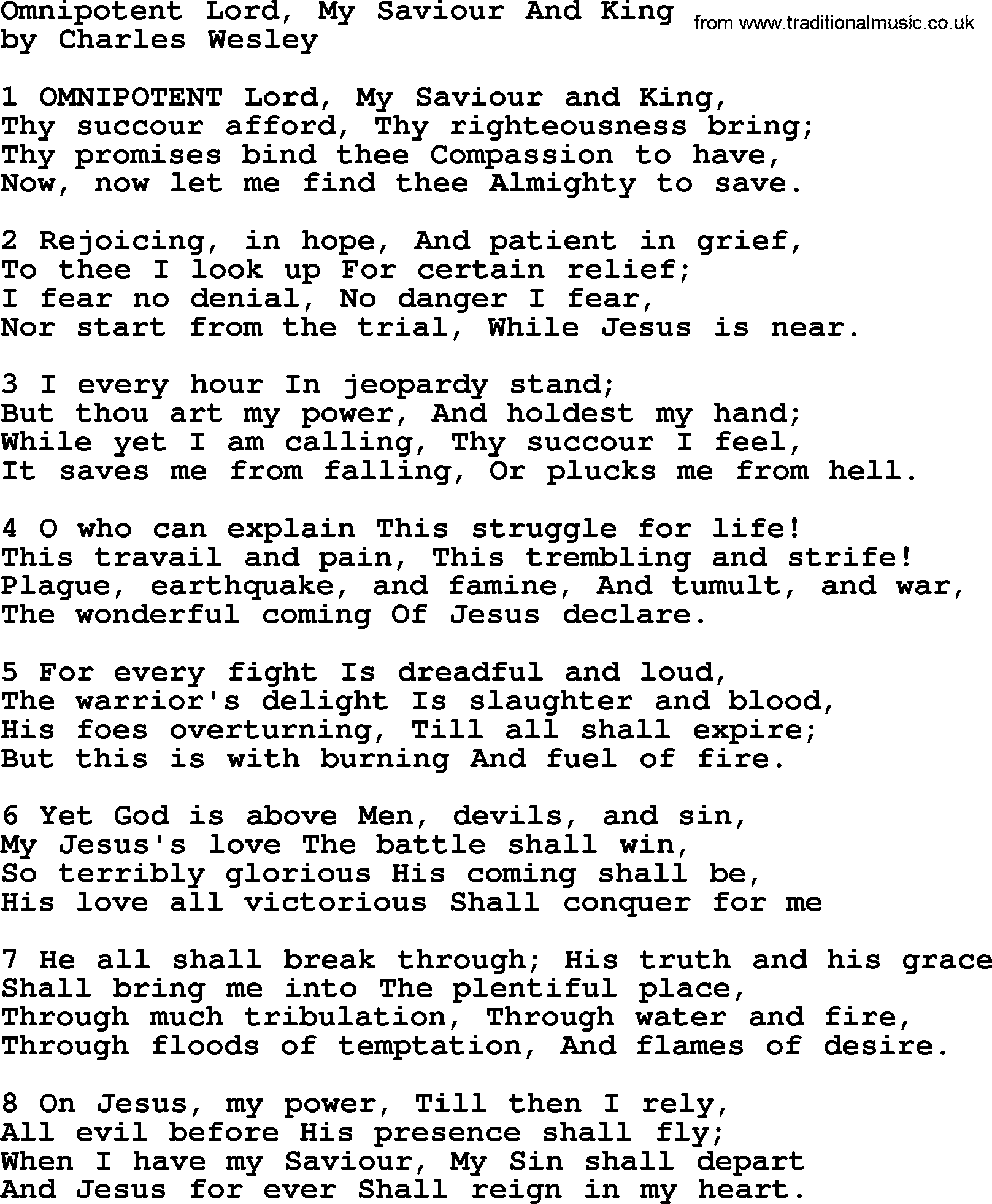 Charles Wesley hymn: Omnipotent Lord, My Saviour And King, lyrics