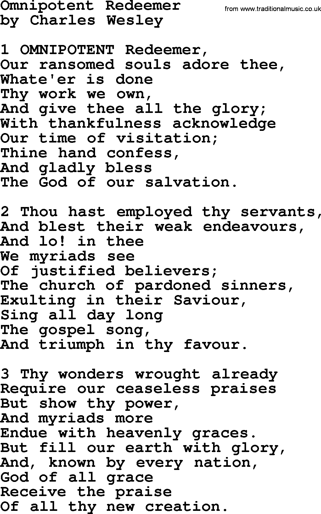 Charles Wesley hymn: Omnipotent Redeemer, lyrics