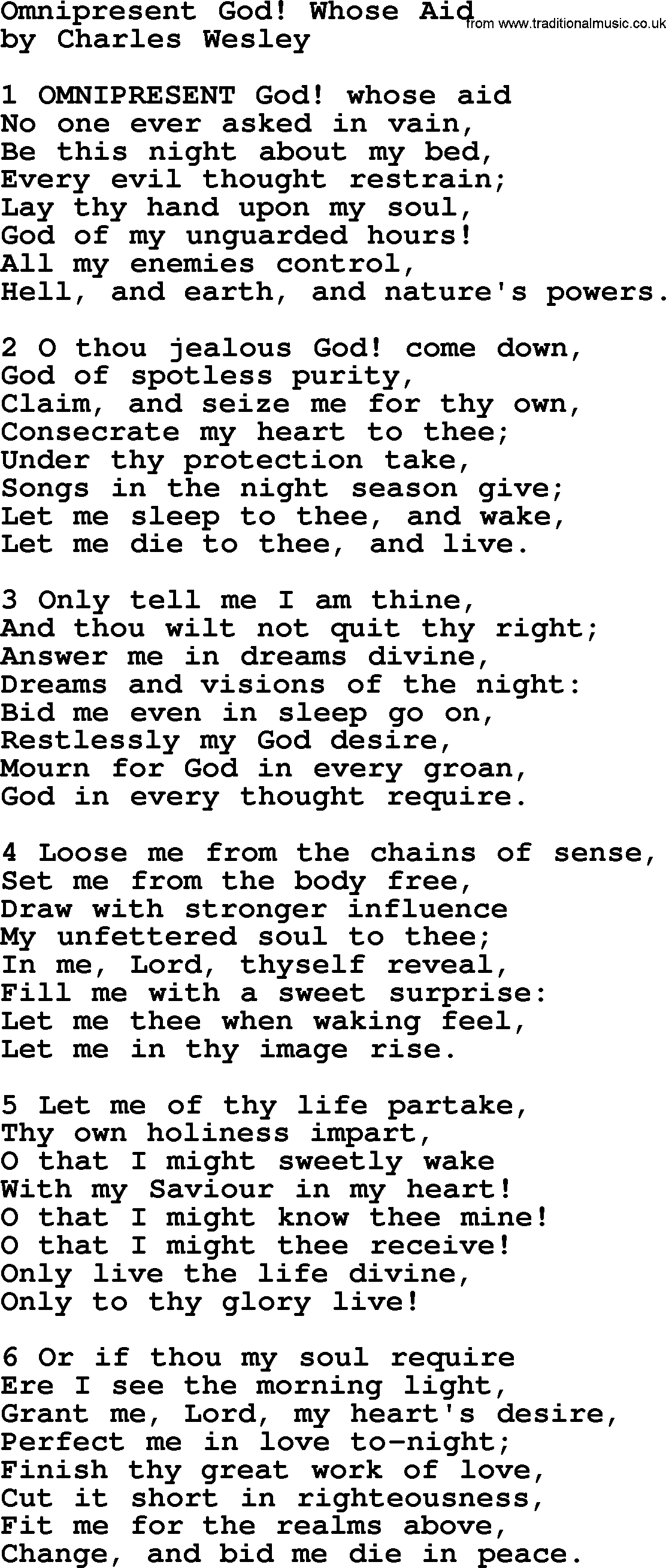 Charles Wesley hymn: Omnipresent God! Whose Aid, lyrics