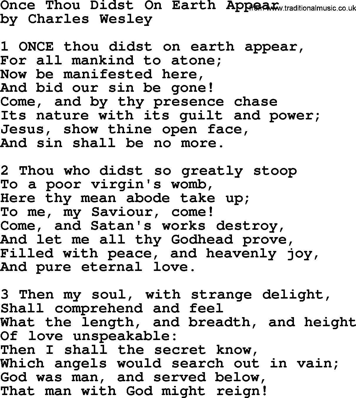 Charles Wesley hymn: Once Thou Didst On Earth Appear, lyrics