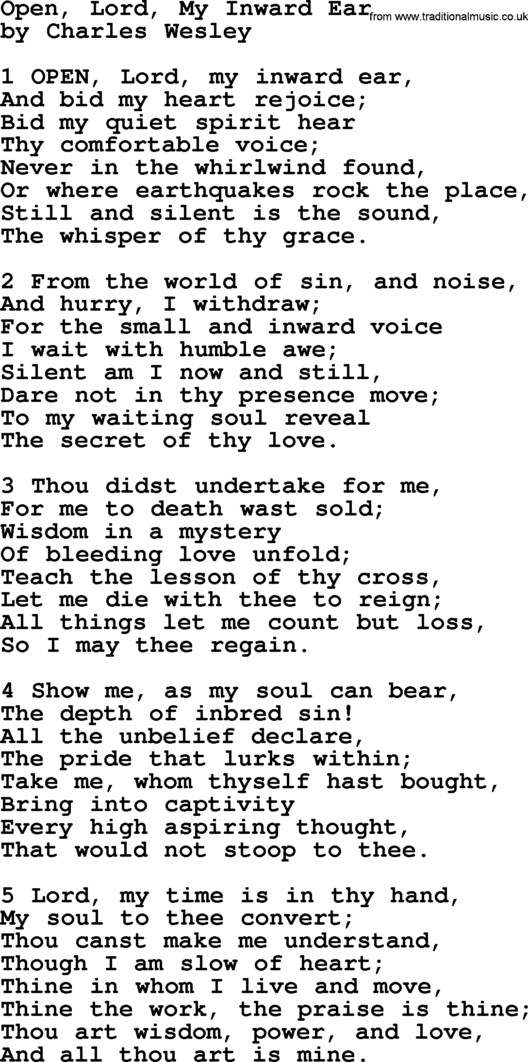 Charles Wesley hymn: Open, Lord, My Inward Ear, lyrics