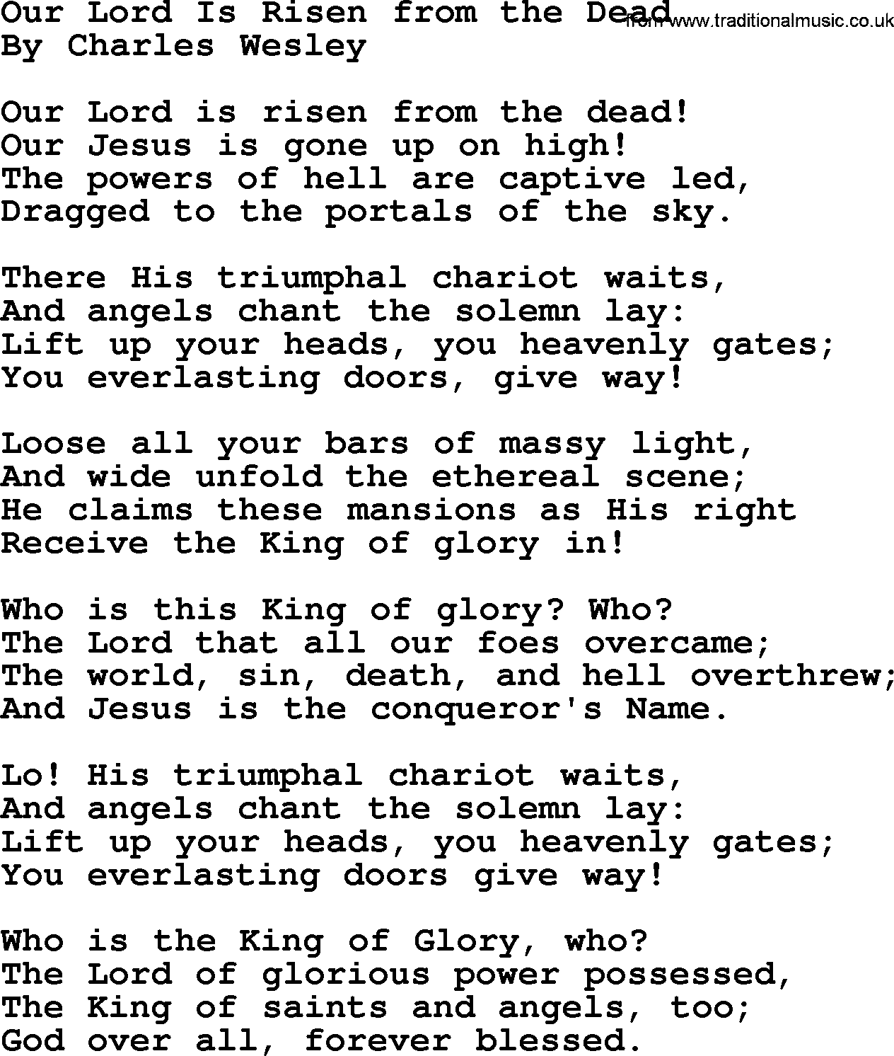 Charles Wesley hymn: Our Lord Is Risen from the Dead, lyrics