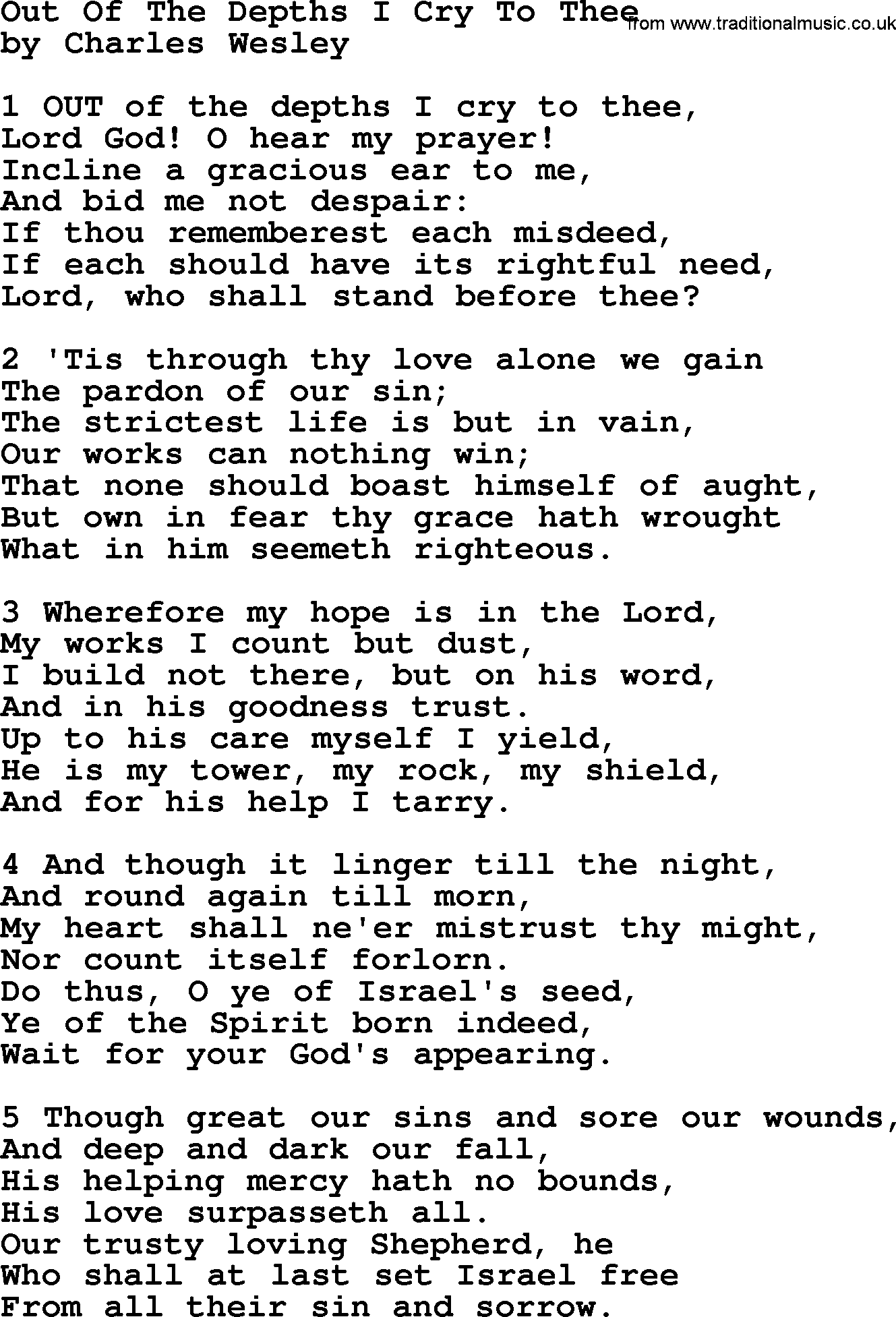 Charles Wesley hymn: Out Of The Depths I Cry To Thee, lyrics