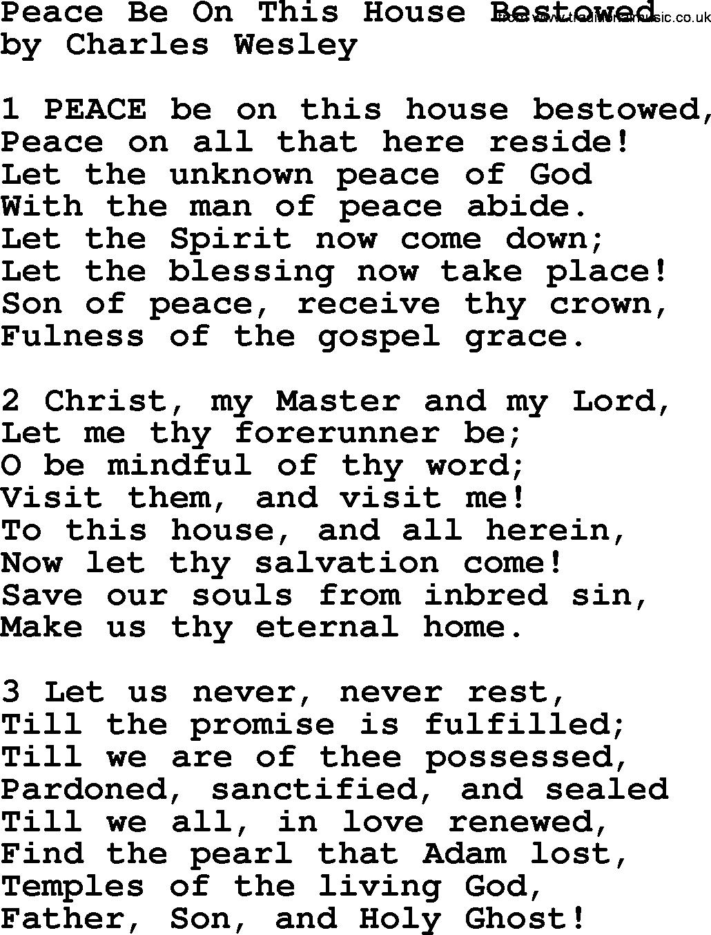 Charles Wesley hymn: Peace Be On This House Bestowed, lyrics