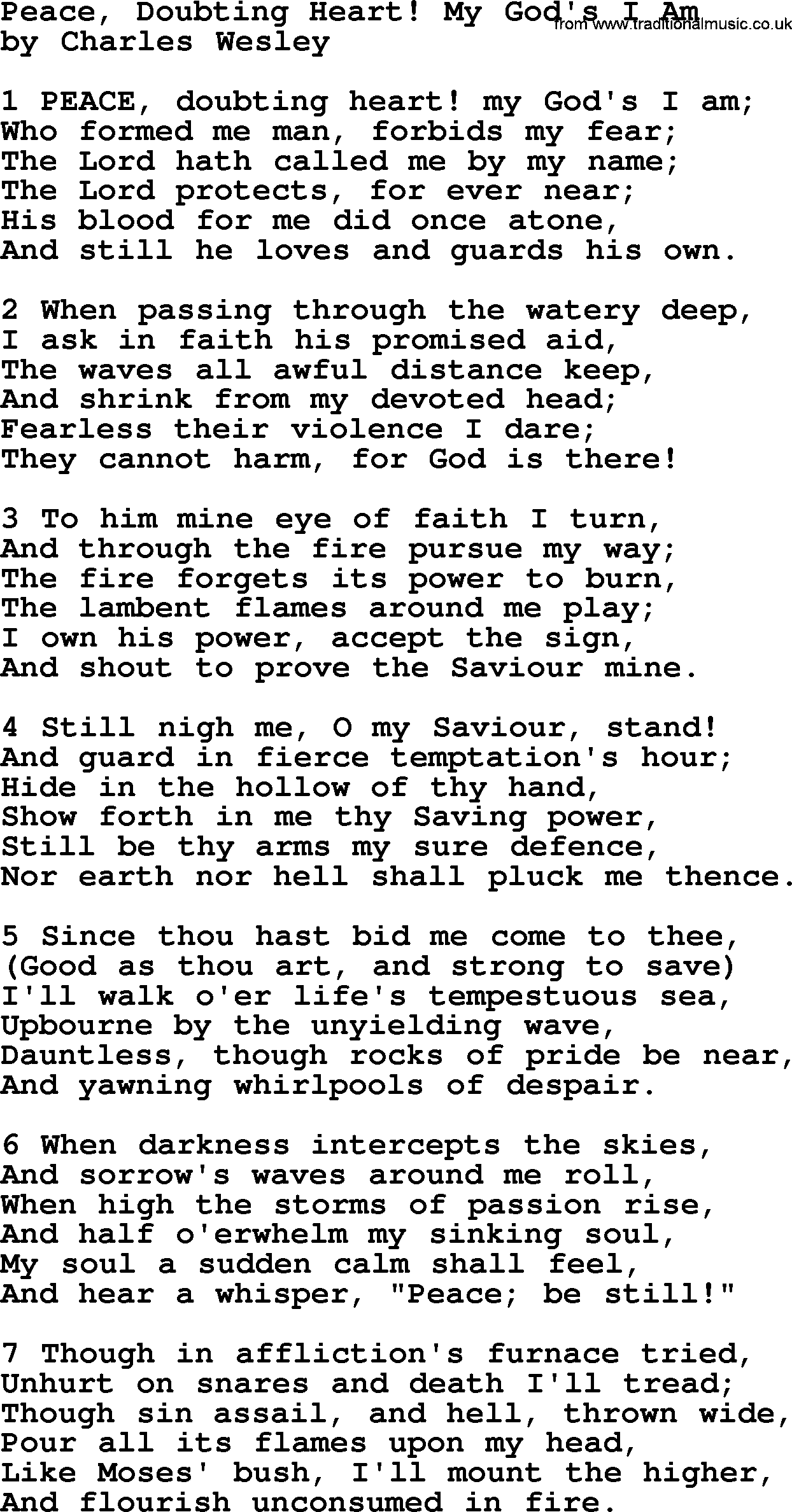 Charles Wesley hymn: Peace, Doubting Heart! My God's I Am, lyrics
