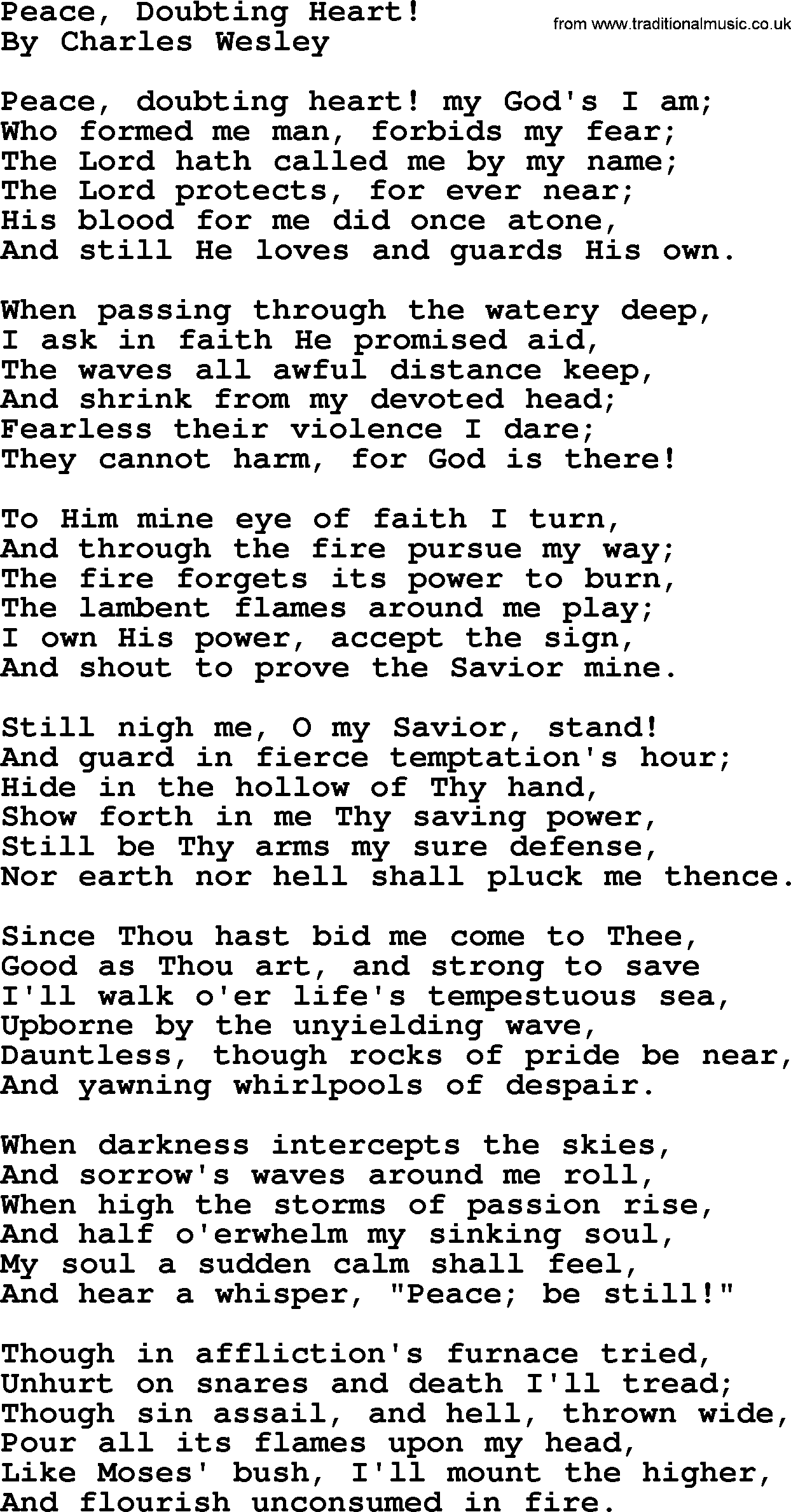 Charles Wesley hymn: Peace, Doubting Heart!, lyrics