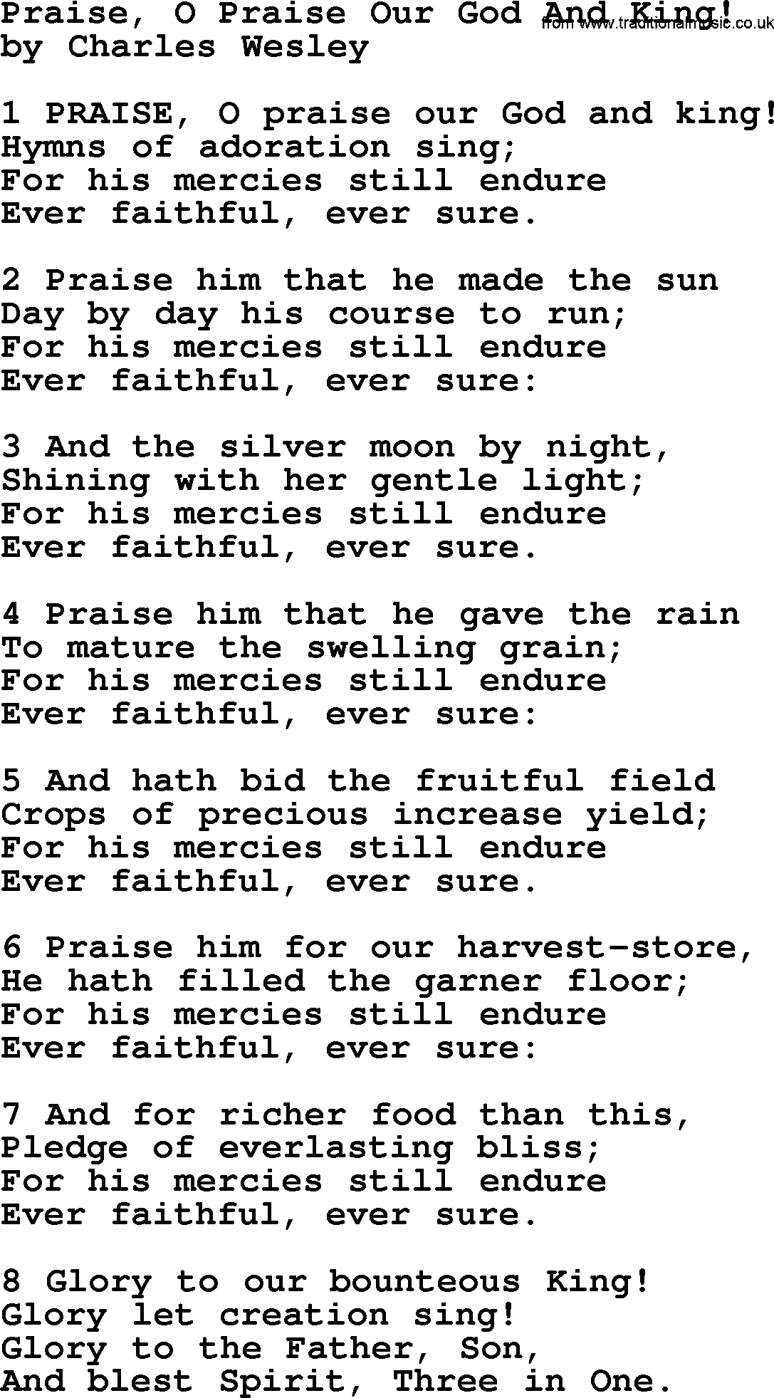 Charles Wesley hymn: Praise, O Praise Our God And King!, lyrics