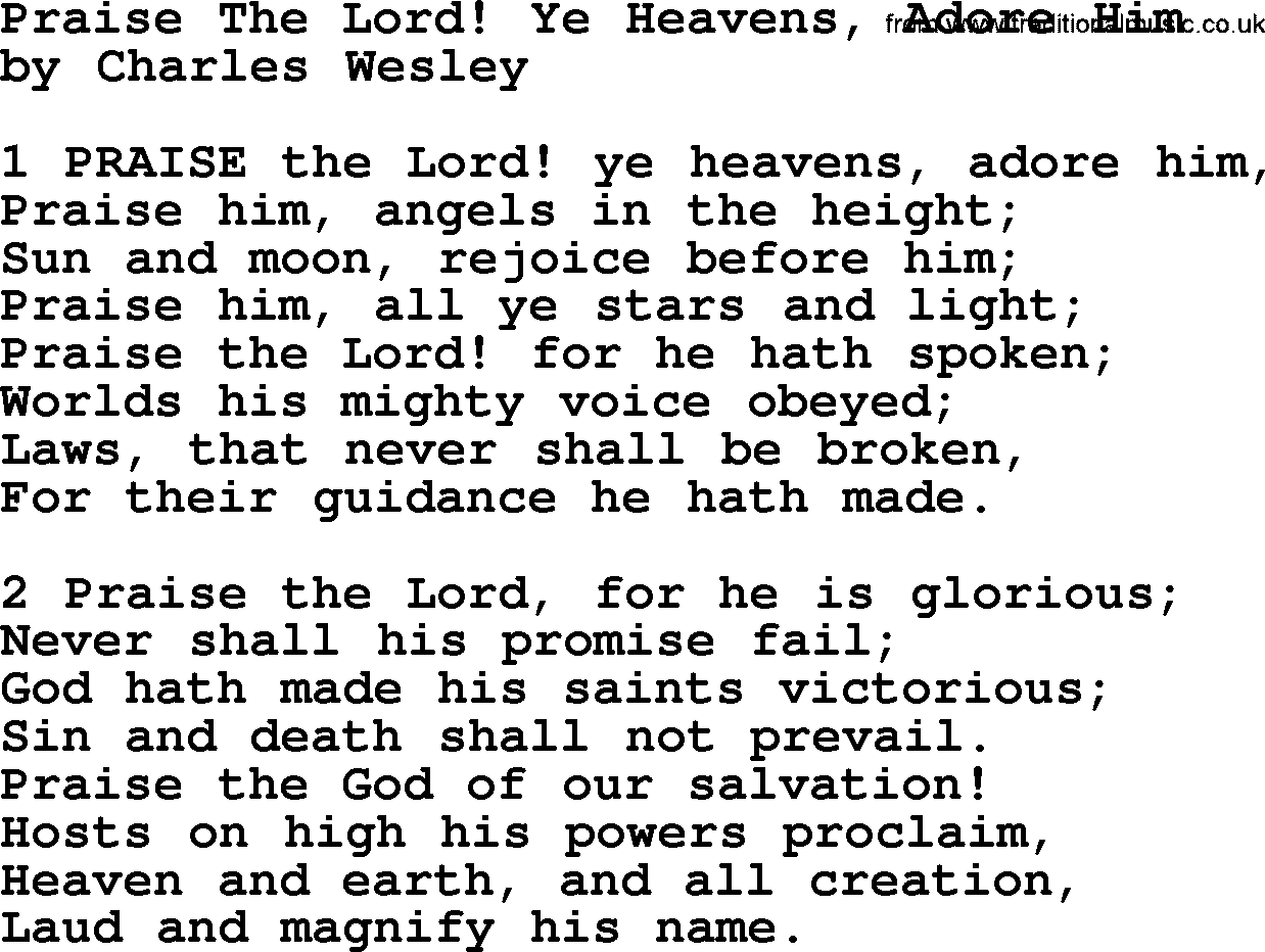 Charles Wesley hymn: Praise The Lord! Ye Heavens, Adore Him, lyrics
