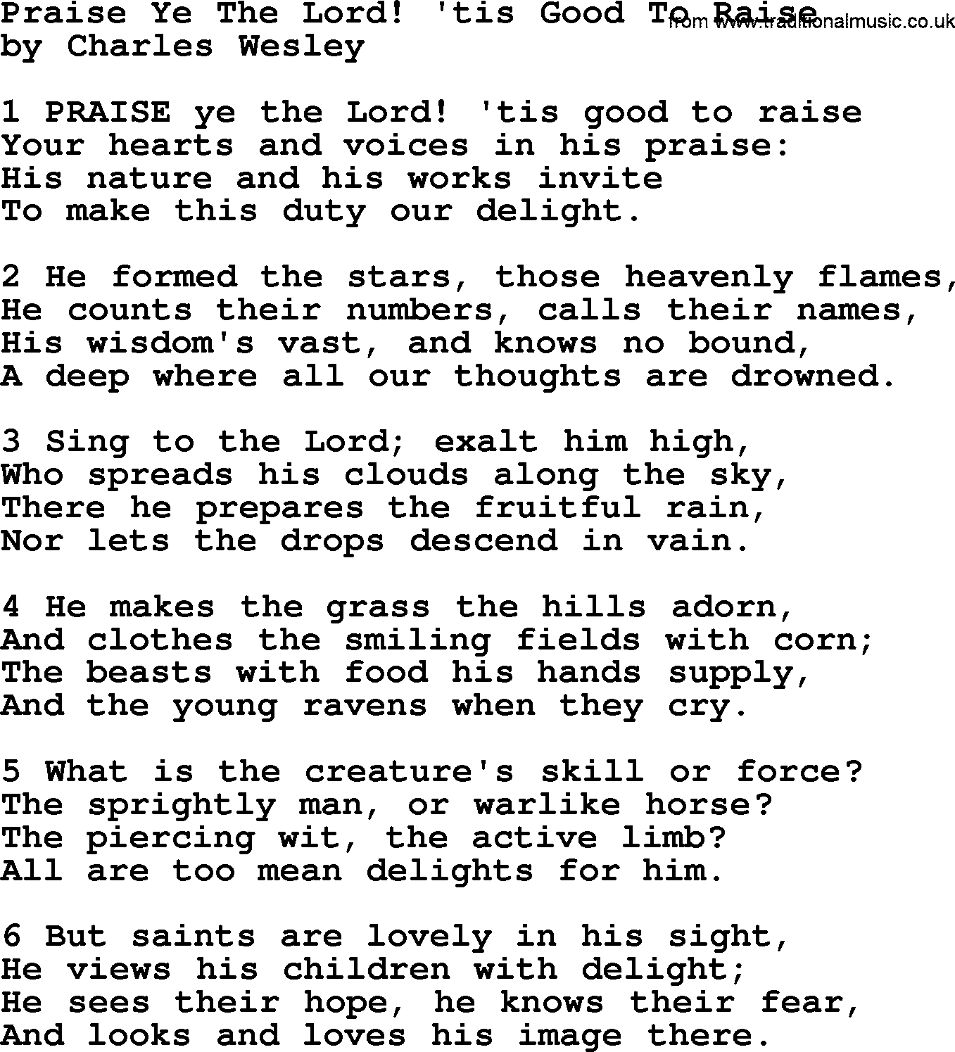 Charles Wesley hymn: Praise Ye The Lord! 'tis Good To Raise, lyrics
