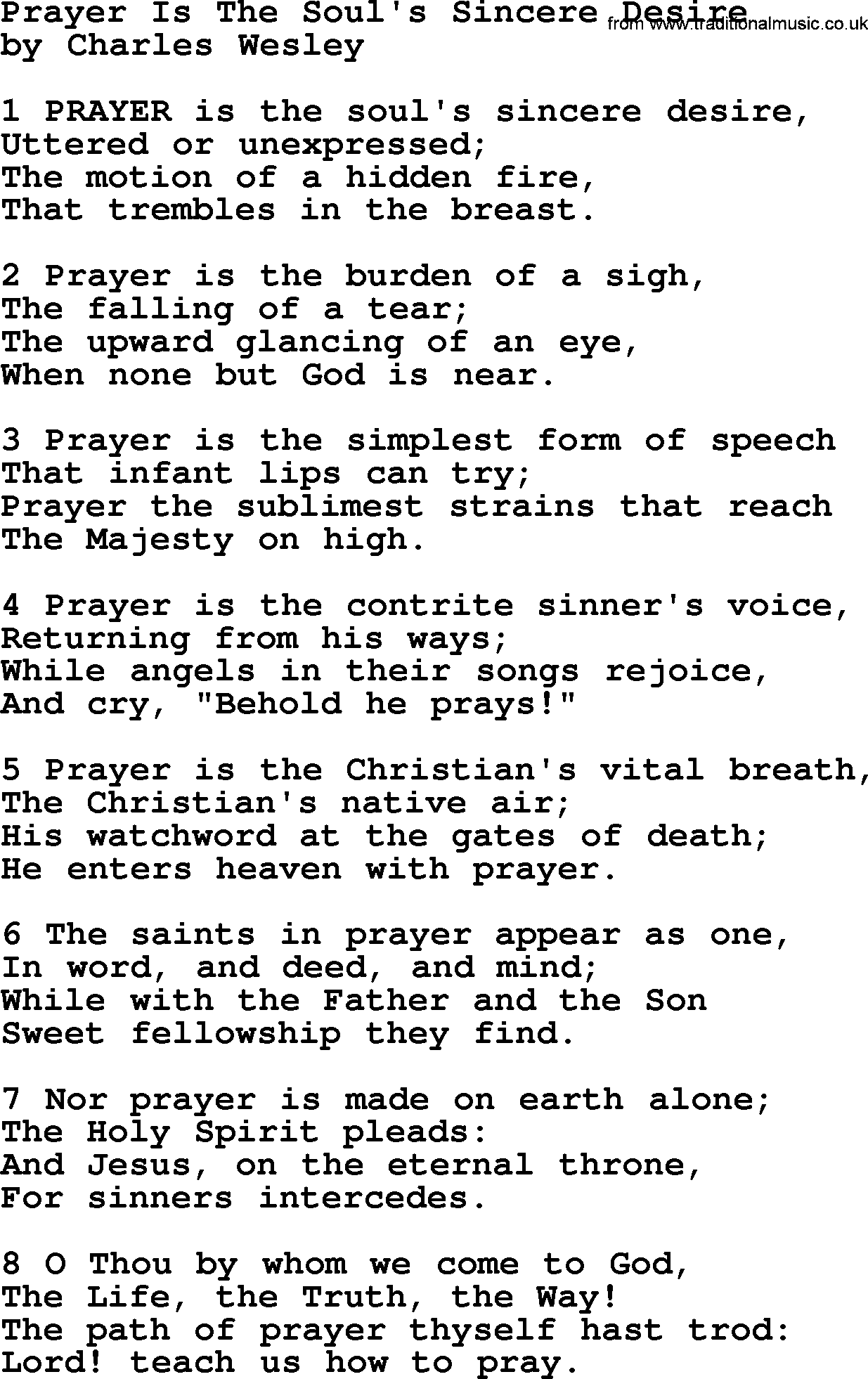Charles Wesley hymn: Prayer Is The Soul's Sincere Desire, lyrics