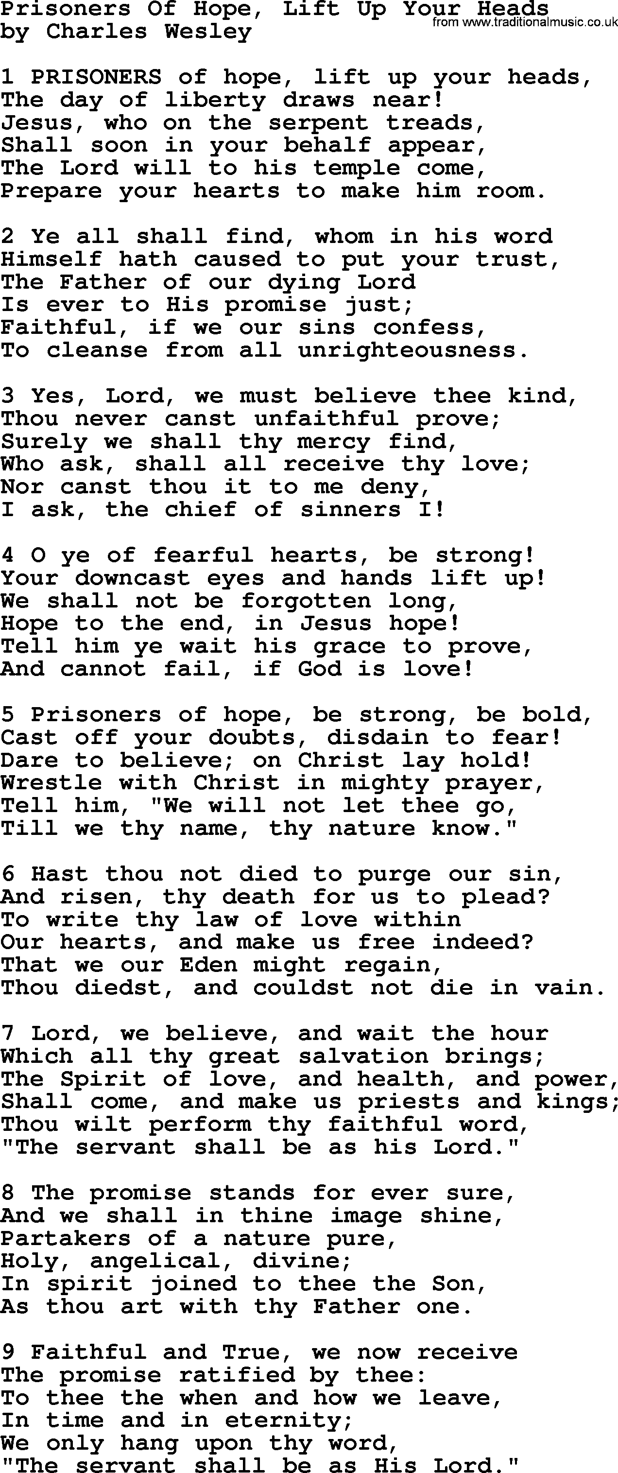 Charles Wesley hymn: Prisoners Of Hope, Lift Up Your Heads, lyrics