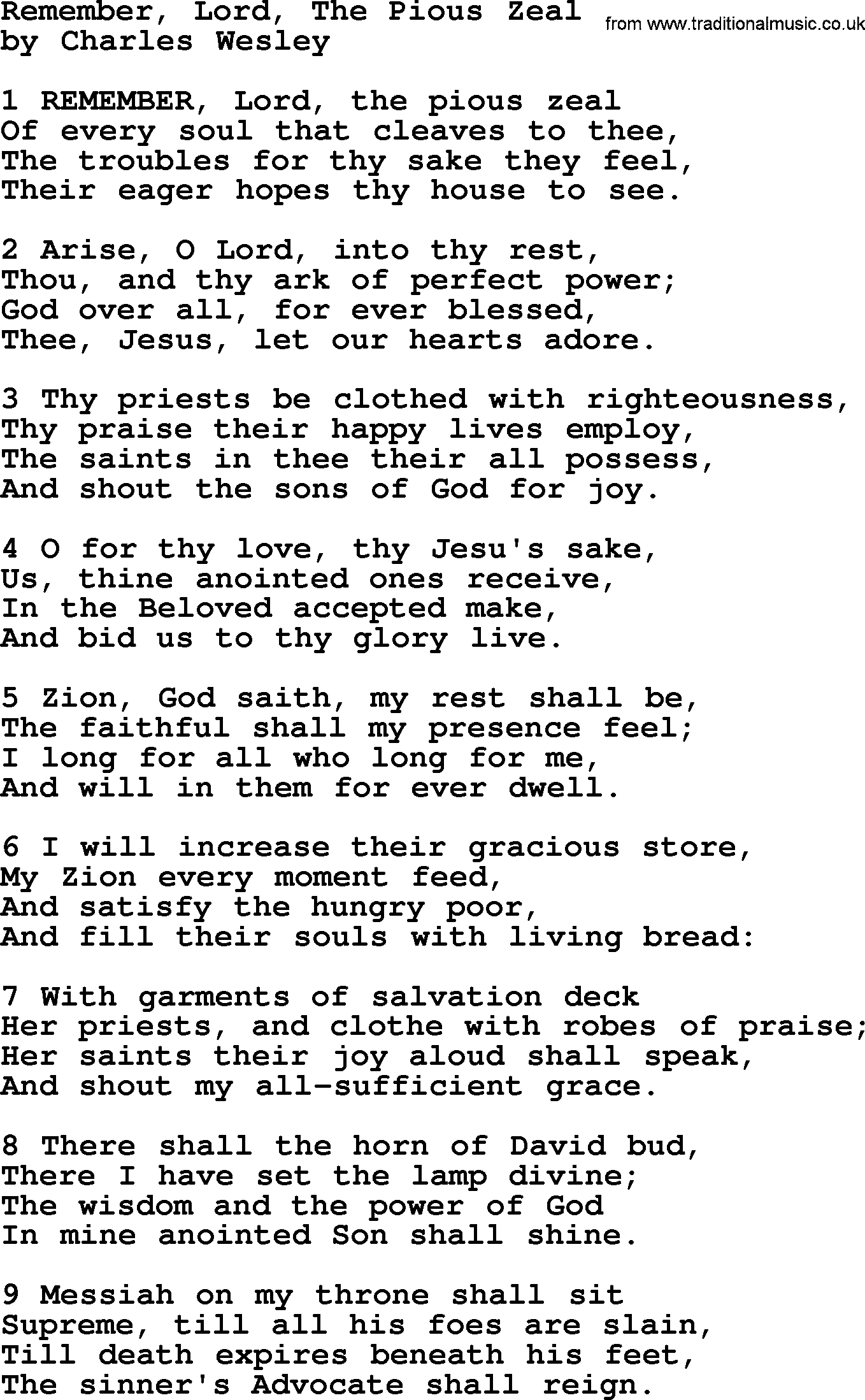 Charles Wesley hymn: Remember, Lord, The Pious Zeal, lyrics