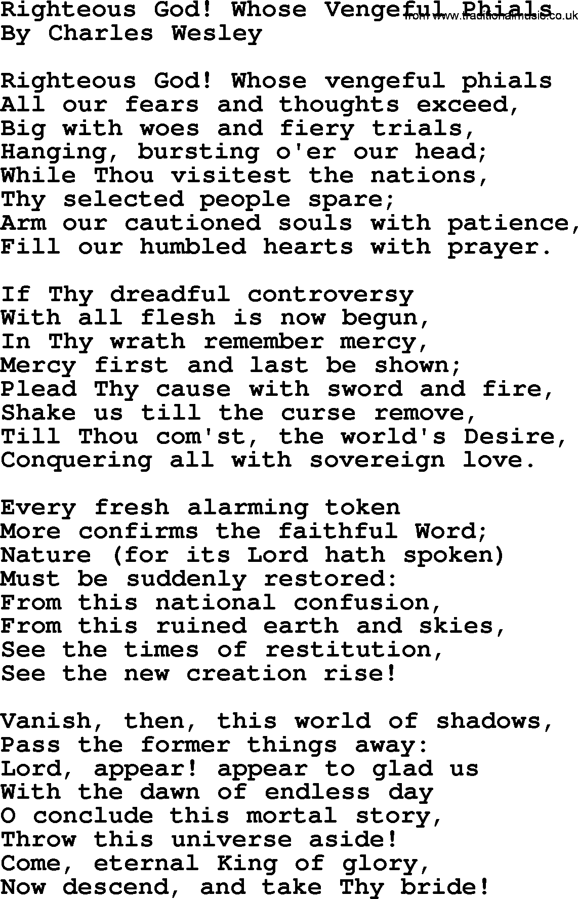Charles Wesley hymn: Righteous God! Whose Vengeful Phials, lyrics