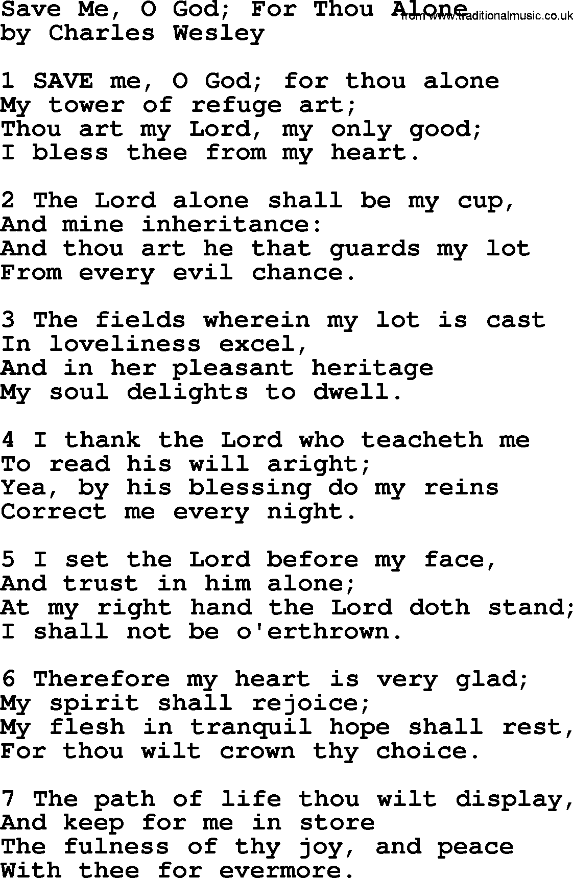 Charles Wesley hymn: Save Me, O God; For Thou Alone, lyrics