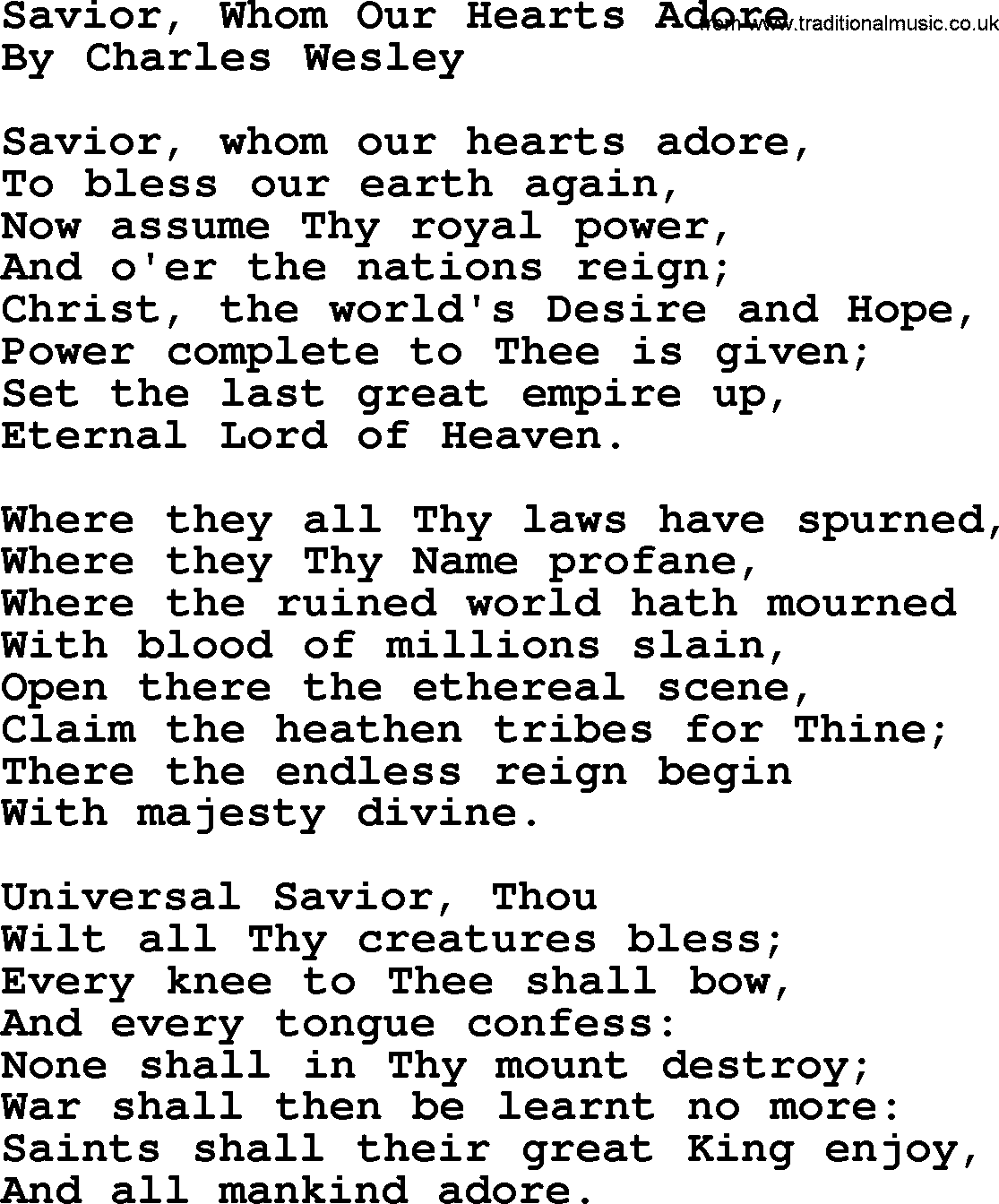 Charles Wesley hymn: Savior, Whom Our Hearts Adore, lyrics