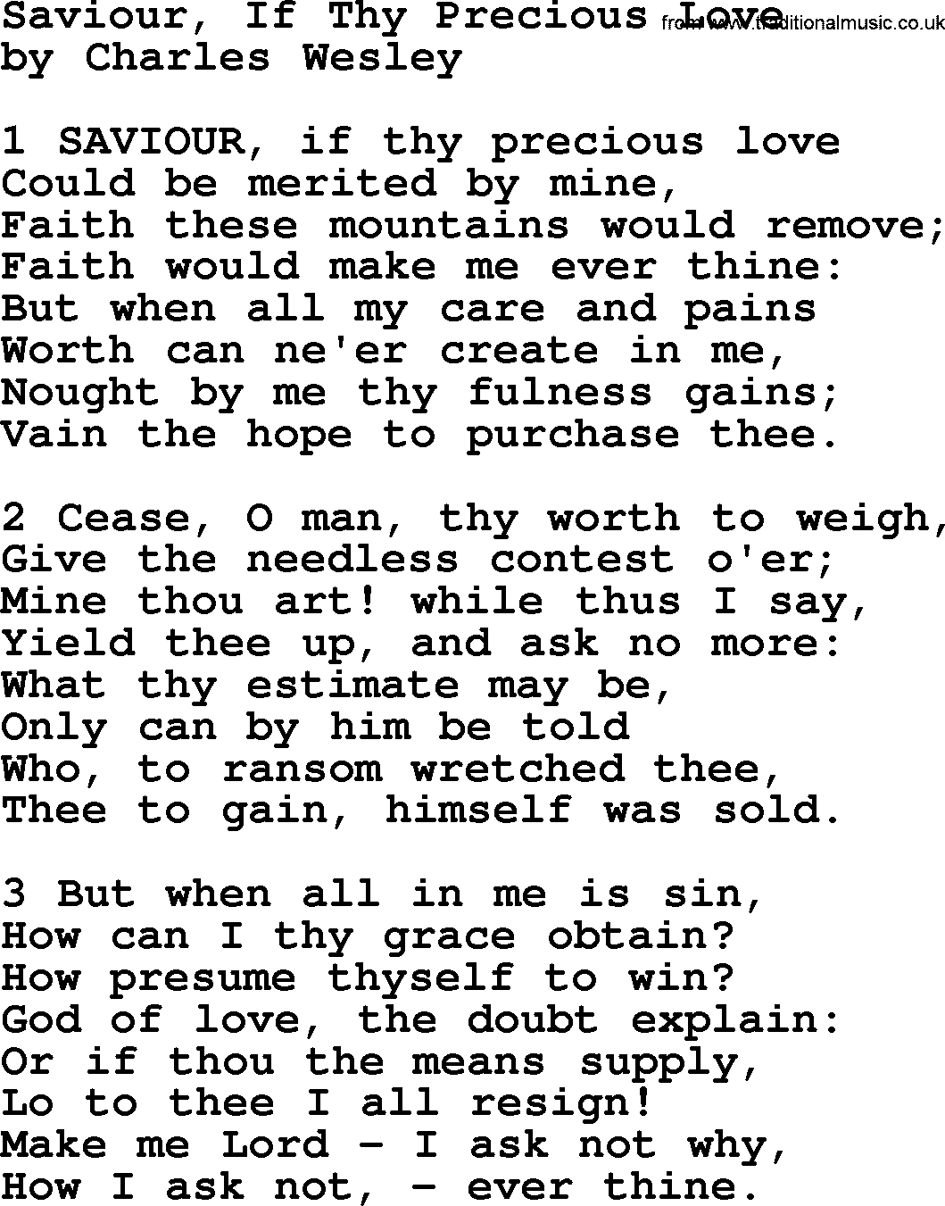 Charles Wesley hymn: Saviour, If Thy Precious Love, lyrics