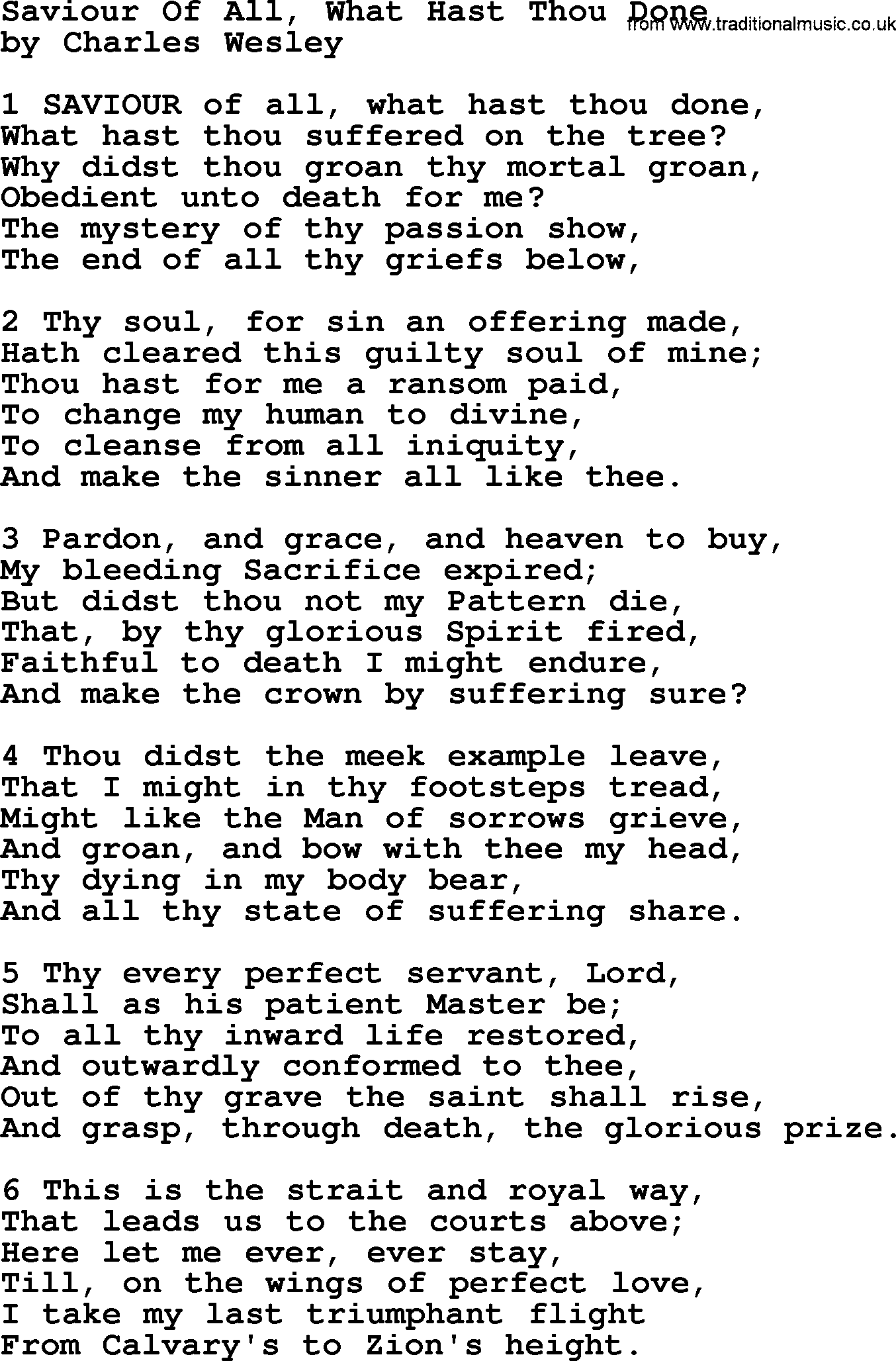 Charles Wesley hymn: Saviour Of All, What Hast Thou Done, lyrics