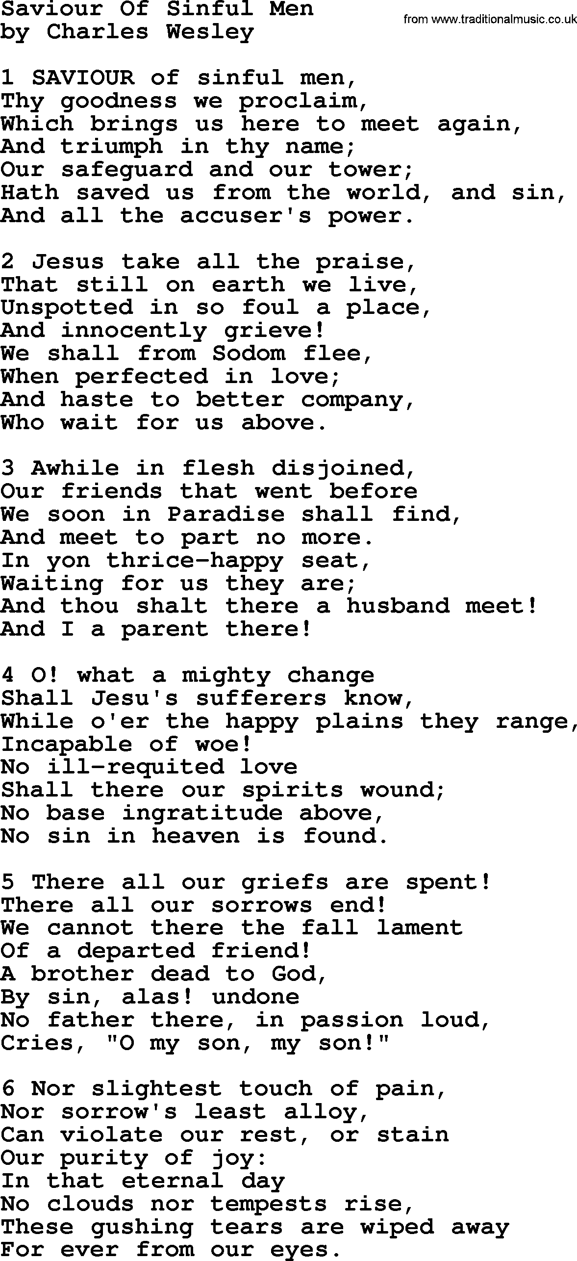 Charles Wesley hymn: Saviour Of Sinful Men, lyrics