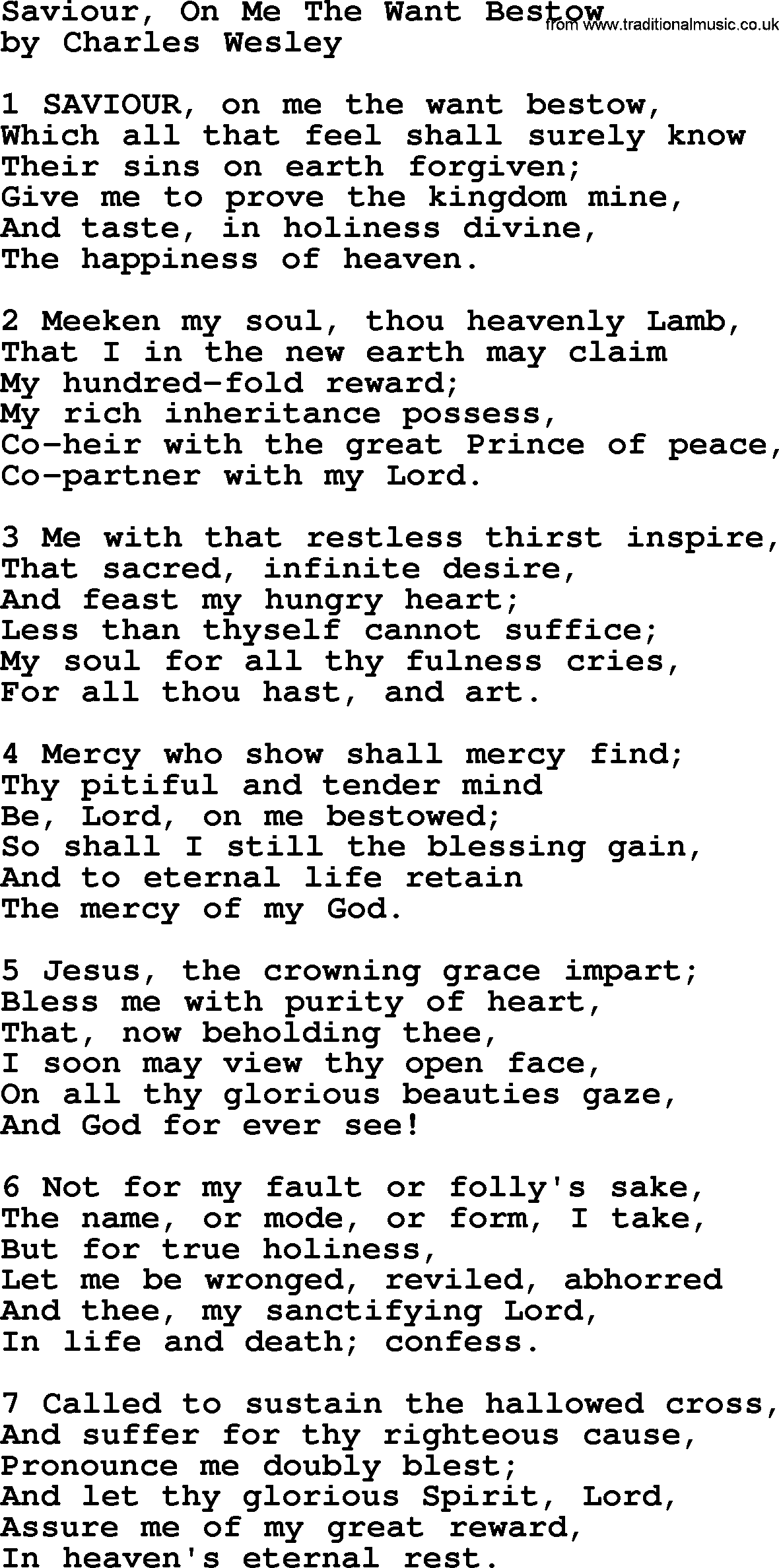 Charles Wesley hymn: Saviour, On Me The Want Bestow, lyrics