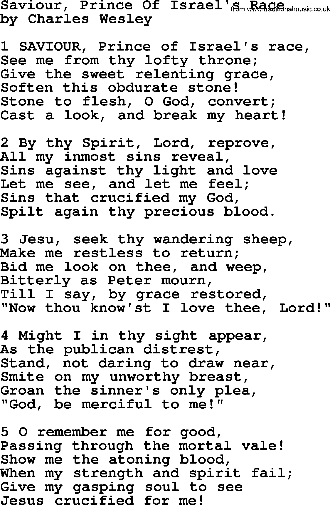 Charles Wesley hymn: Saviour, Prince Of Israel's Race, lyrics