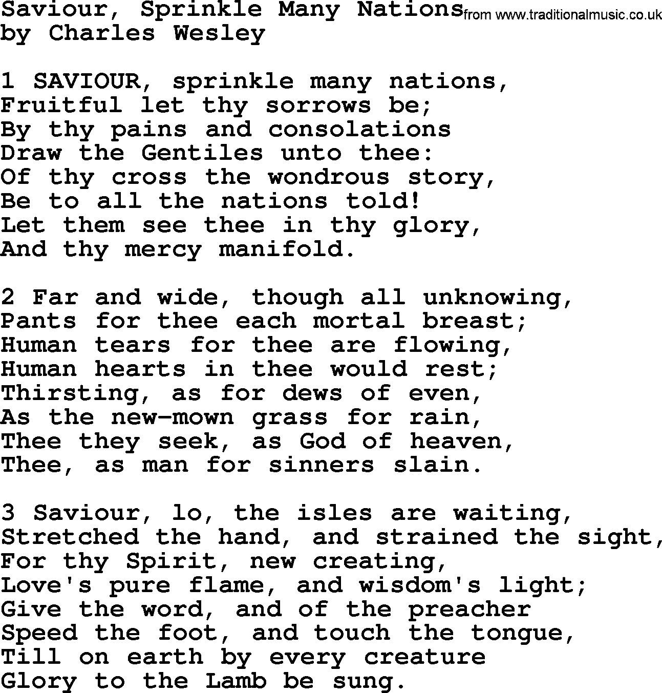 Charles Wesley hymn: Saviour, Sprinkle Many Nations, lyrics