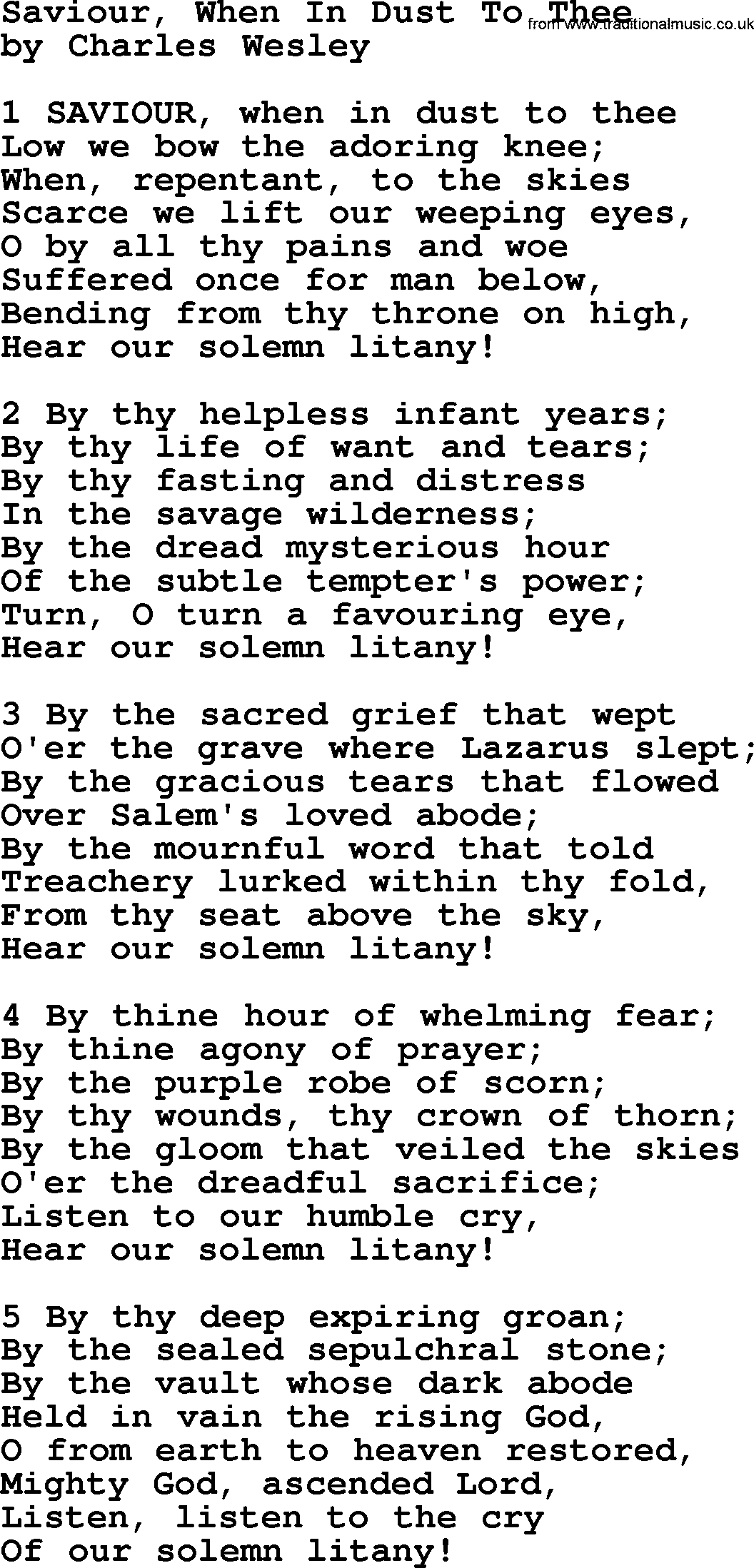 Charles Wesley hymn: Saviour, When In Dust To Thee, lyrics