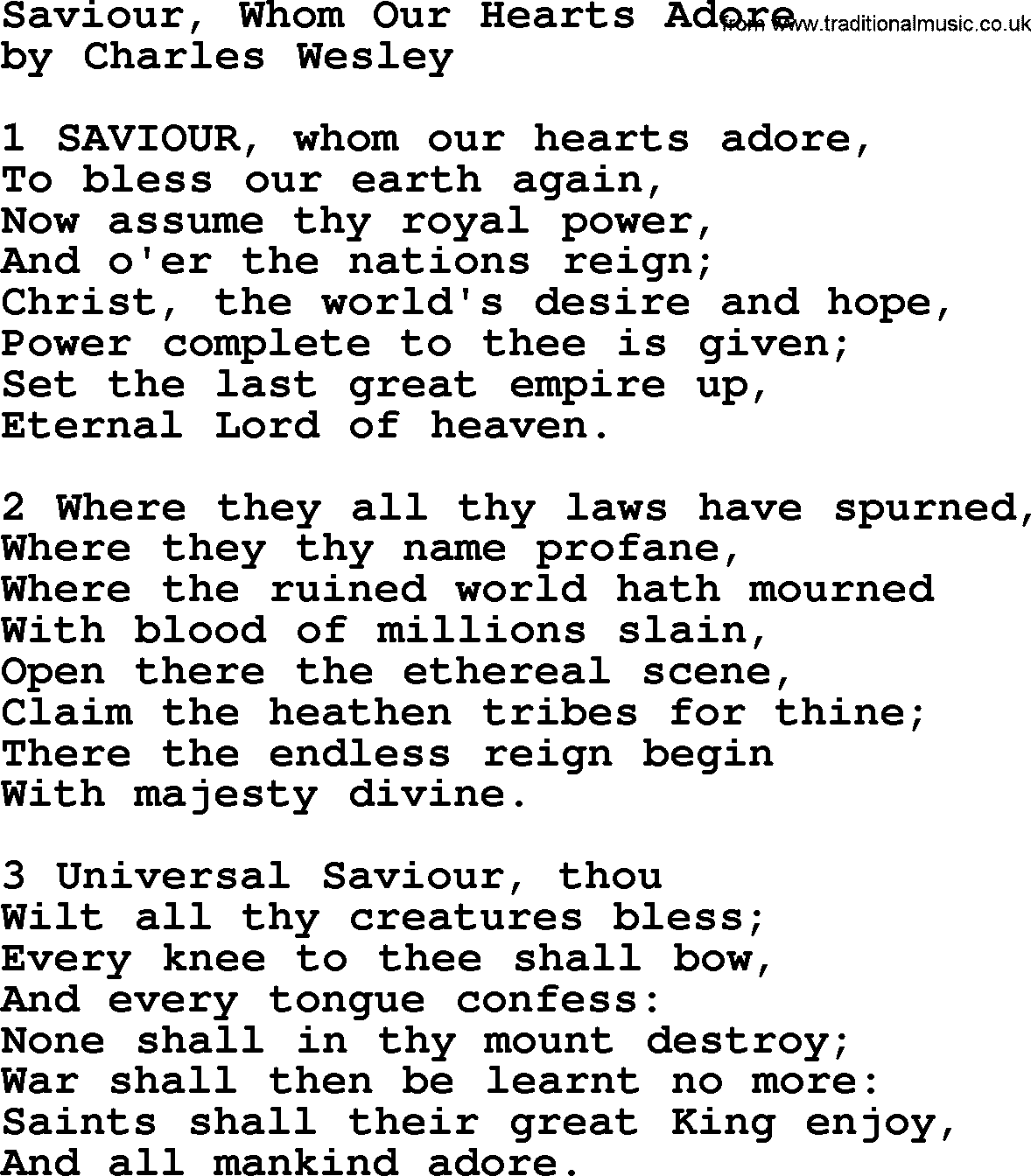 Charles Wesley hymn: Saviour, Whom Our Hearts Adore, lyrics