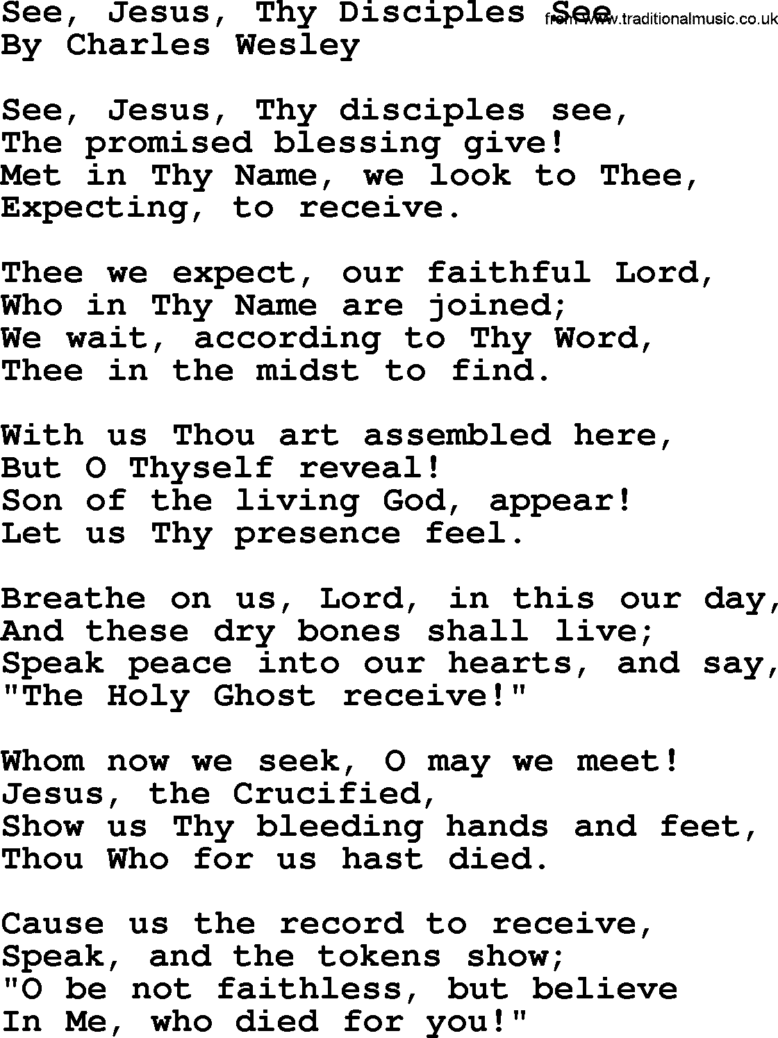 Charles Wesley hymn: See, Jesus, Thy Disciples See, lyrics