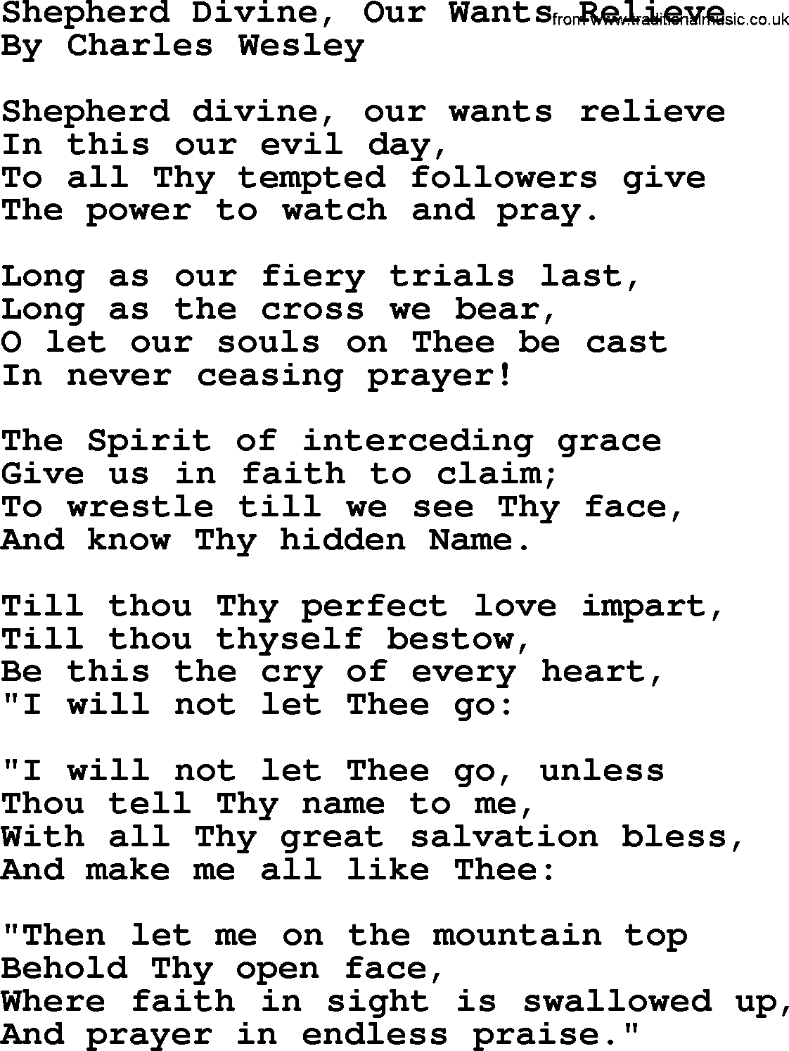 Charles Wesley hymn: Shepherd Divine, Our Wants Relieve, lyrics