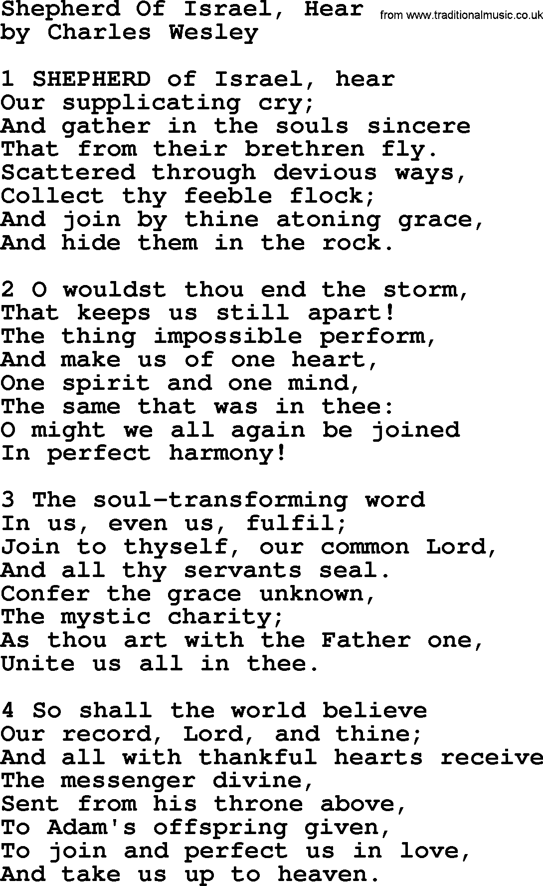 Charles Wesley hymn: Shepherd Of Israel, Hear, lyrics
