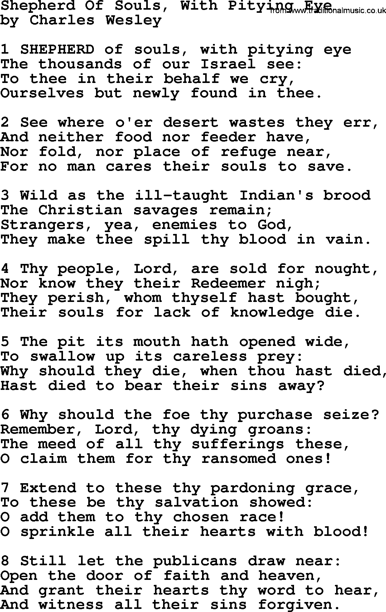 Charles Wesley hymn: Shepherd Of Souls, With Pitying Eye, lyrics