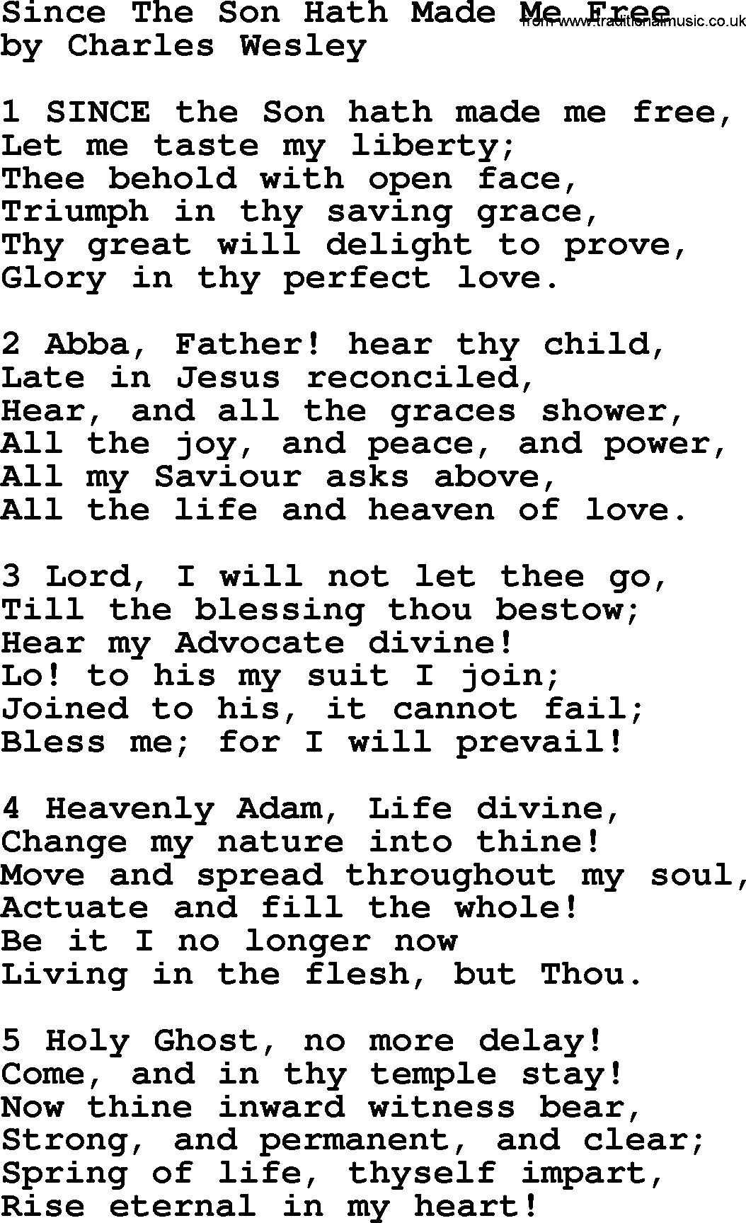 Charles Wesley hymn: Since The Son Hath Made Me Free, lyrics