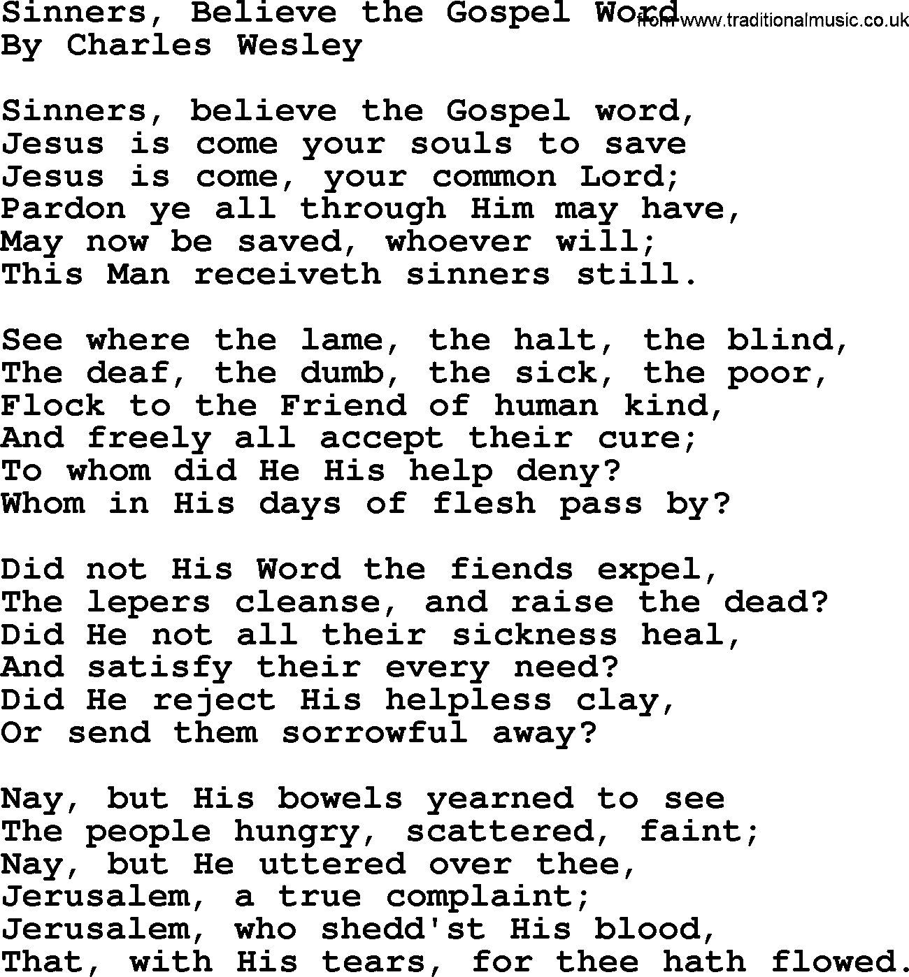 Charles Wesley hymn: Sinners, Believe The Gospel Word, lyrics