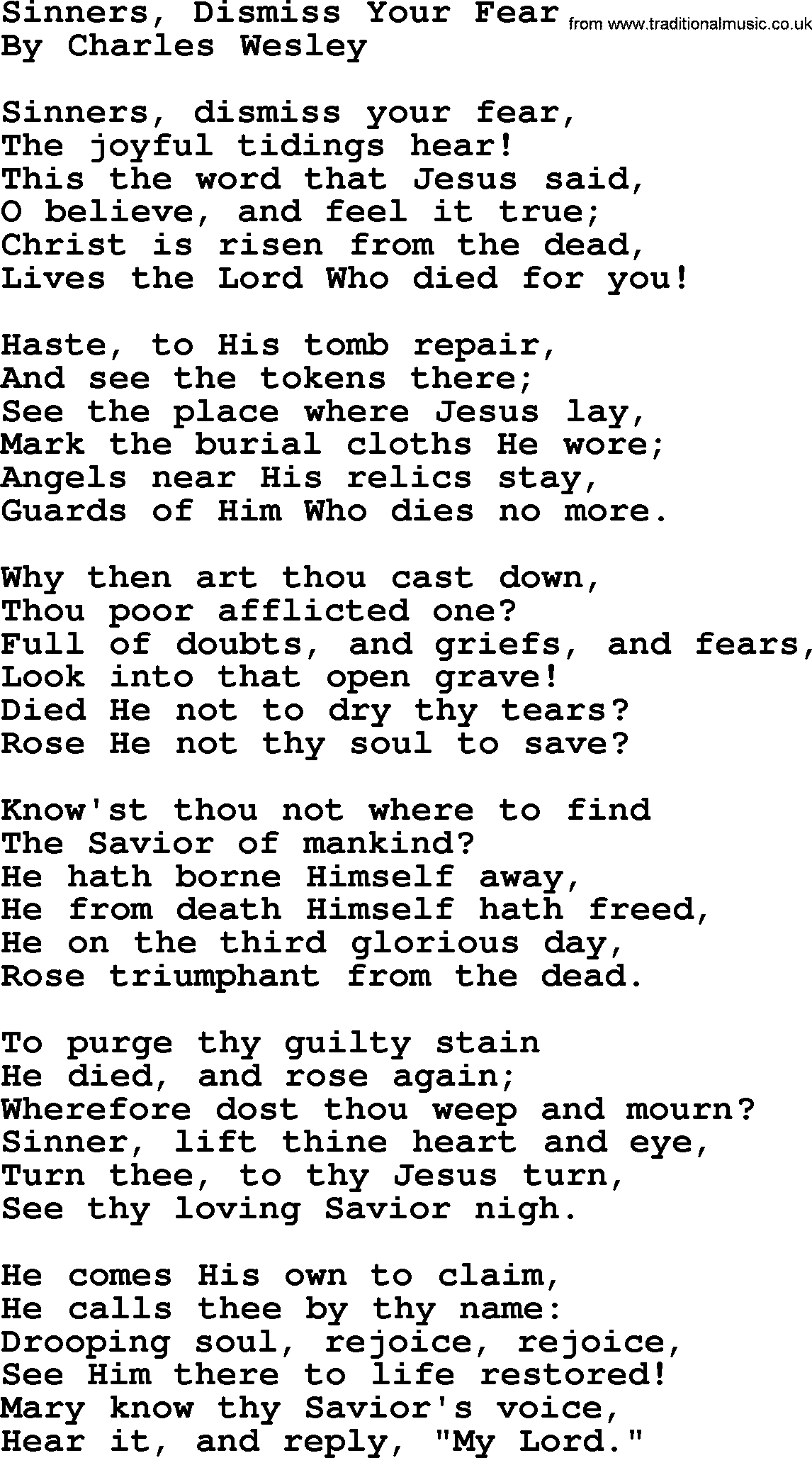 Charles Wesley hymn: Sinners, Dismiss Your Fear, lyrics