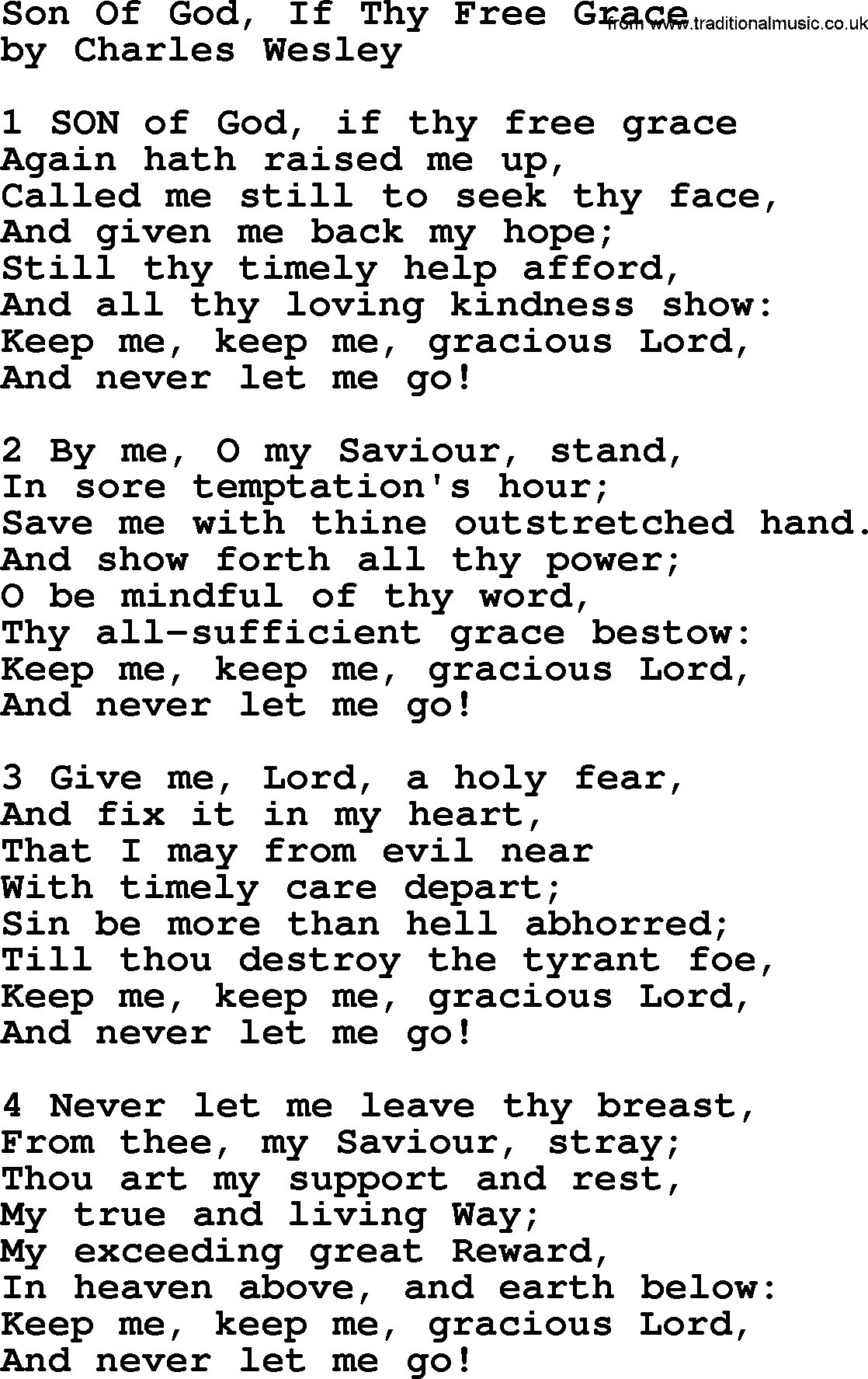 Charles Wesley hymn: Son Of God, If Thy Free Grace, lyrics