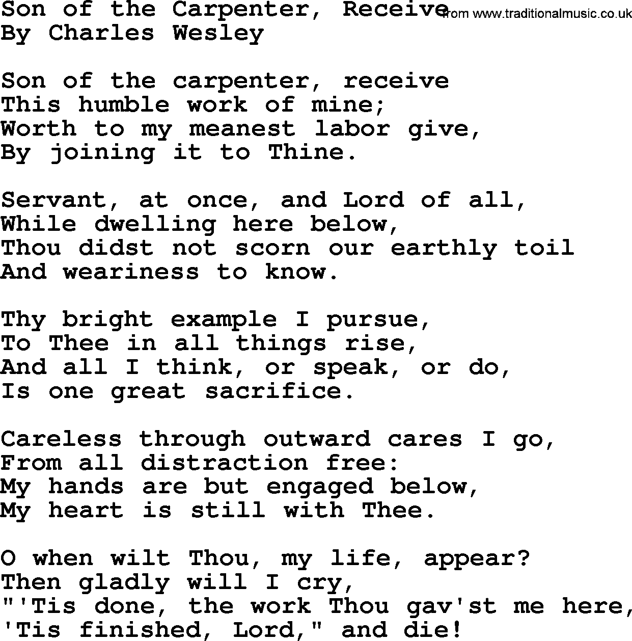 Charles Wesley hymn: Son of the Carpenter, Receive, lyrics