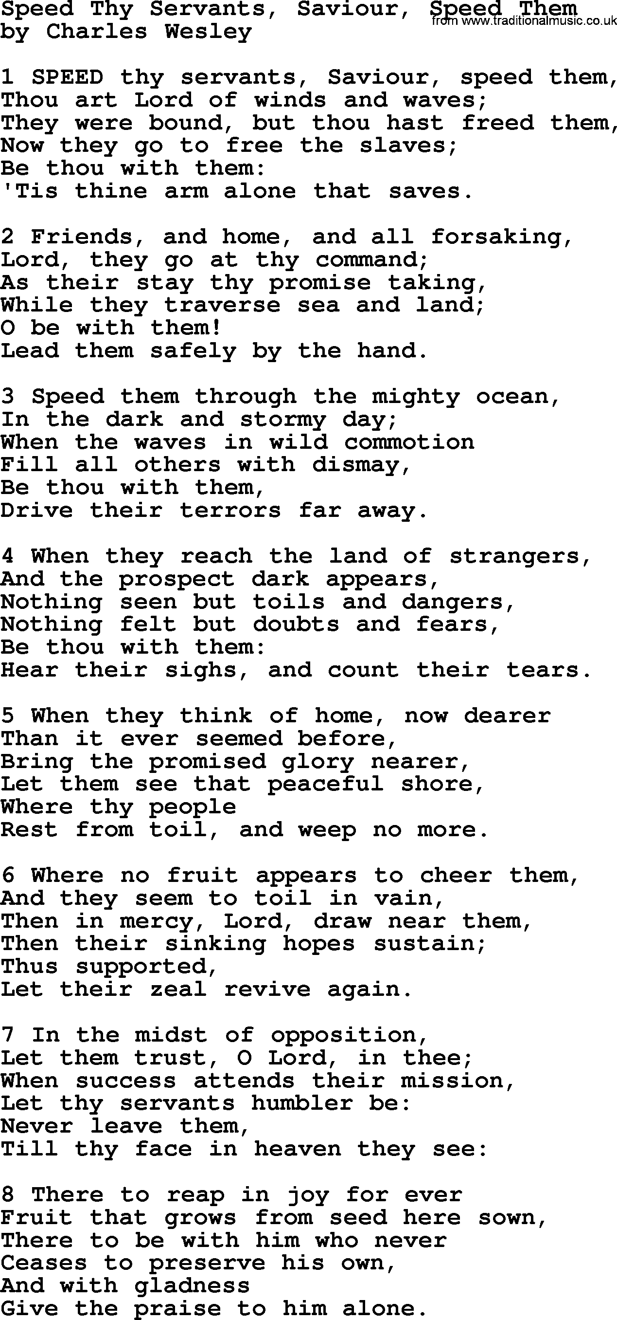 Charles Wesley hymn: Speed Thy Servants, Saviour, Speed Them, lyrics