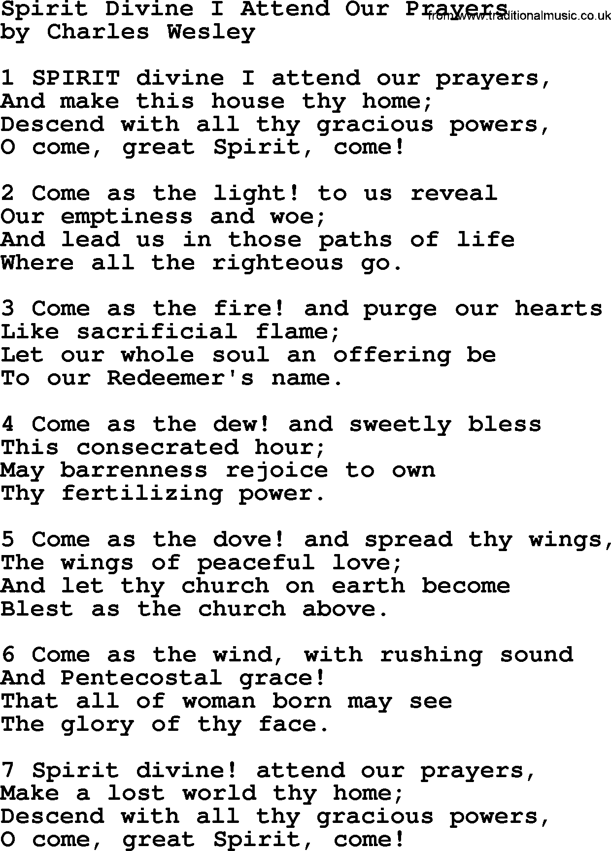 Charles Wesley hymn: Spirit Divine I Attend Our Prayers, lyrics