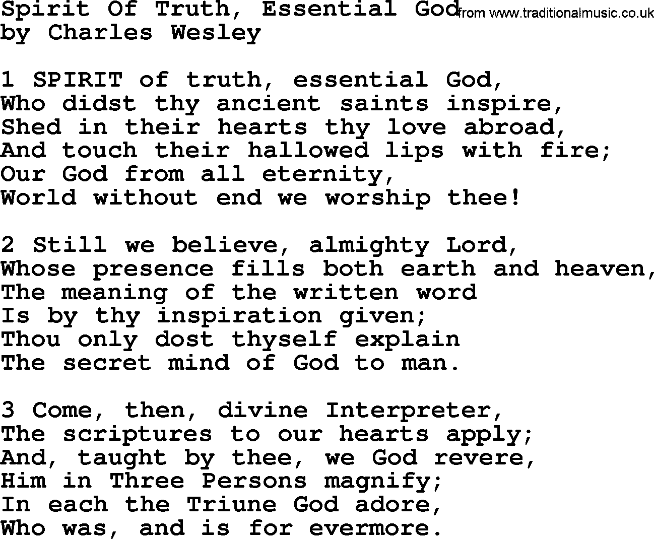 Charles Wesley hymn: Spirit Of Truth, Essential God, lyrics
