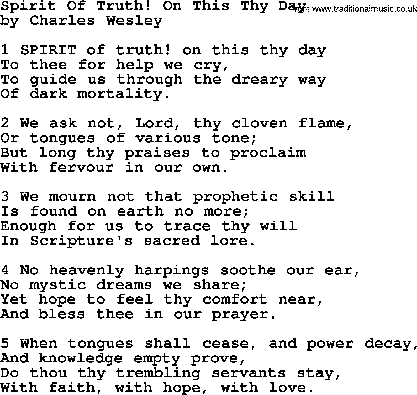 Charles Wesley hymn: Spirit Of Truth! On This Thy Day, lyrics