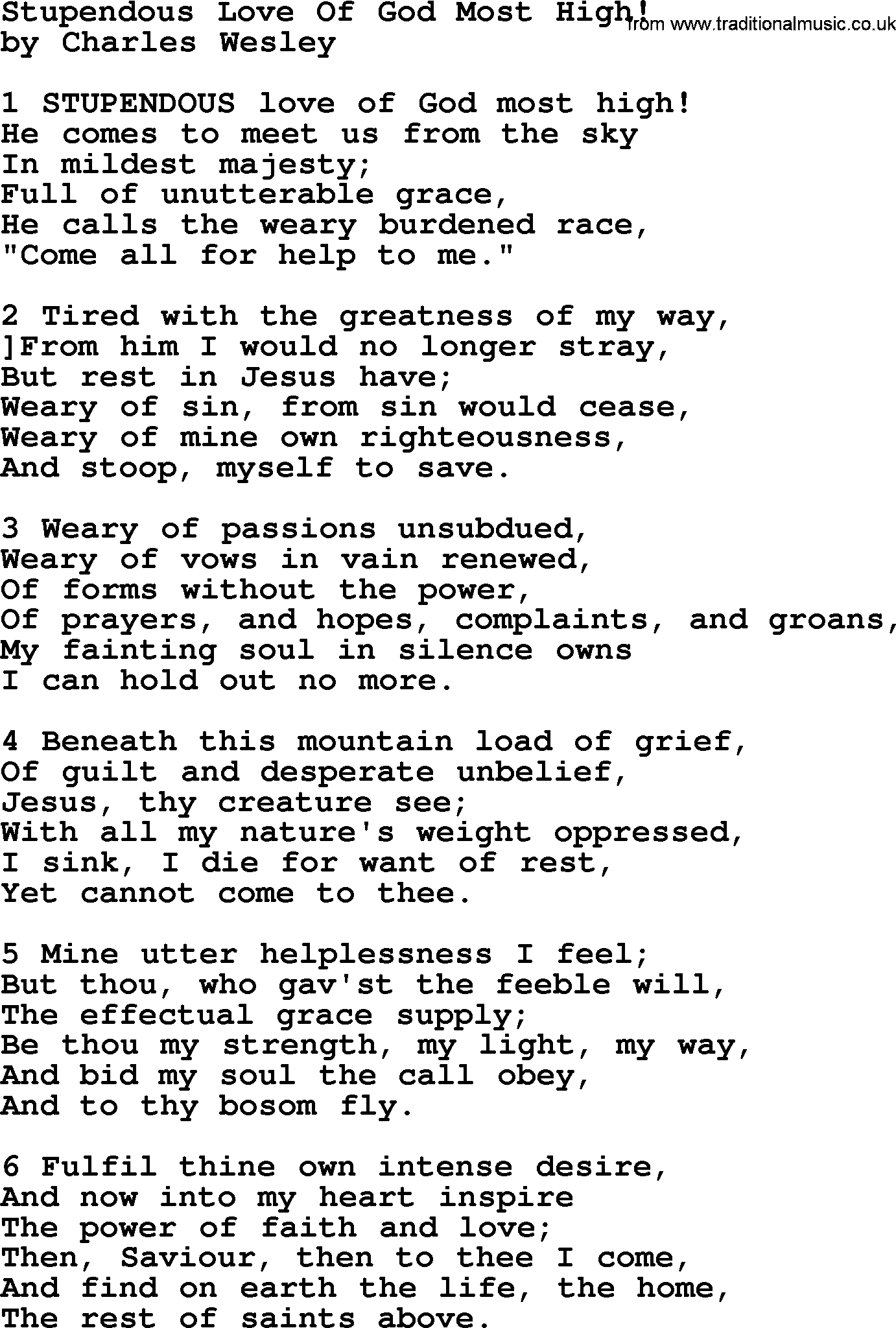 Charles Wesley hymn: Stupendous Love Of God Most High!, lyrics