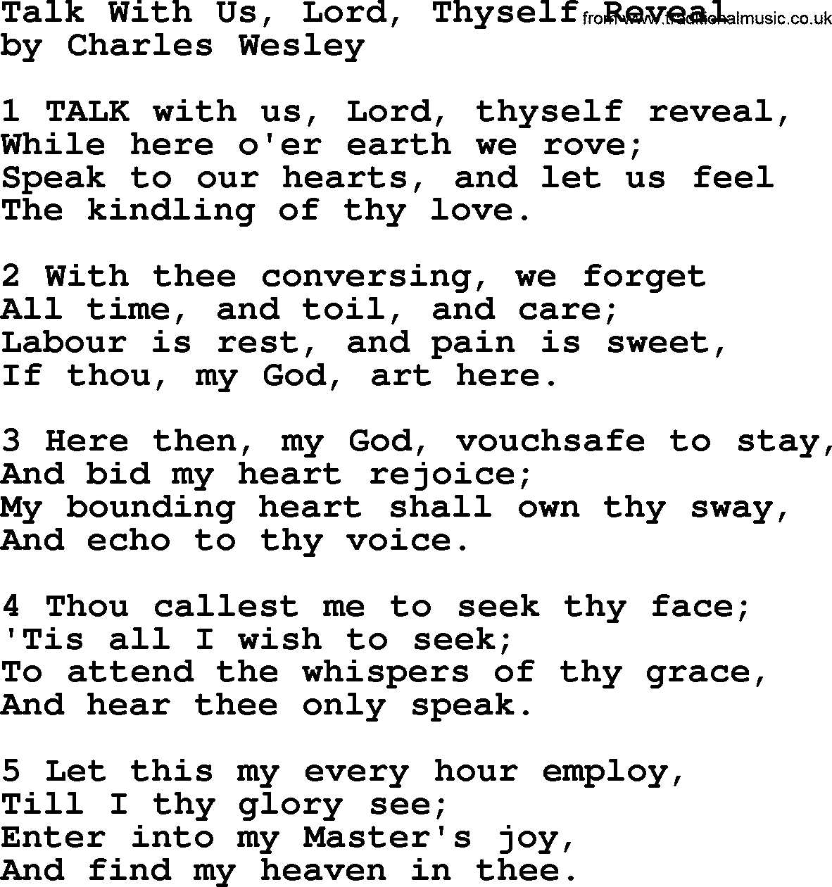 Charles Wesley hymn: Talk With Us, Lord, Thyself Reveal, lyrics