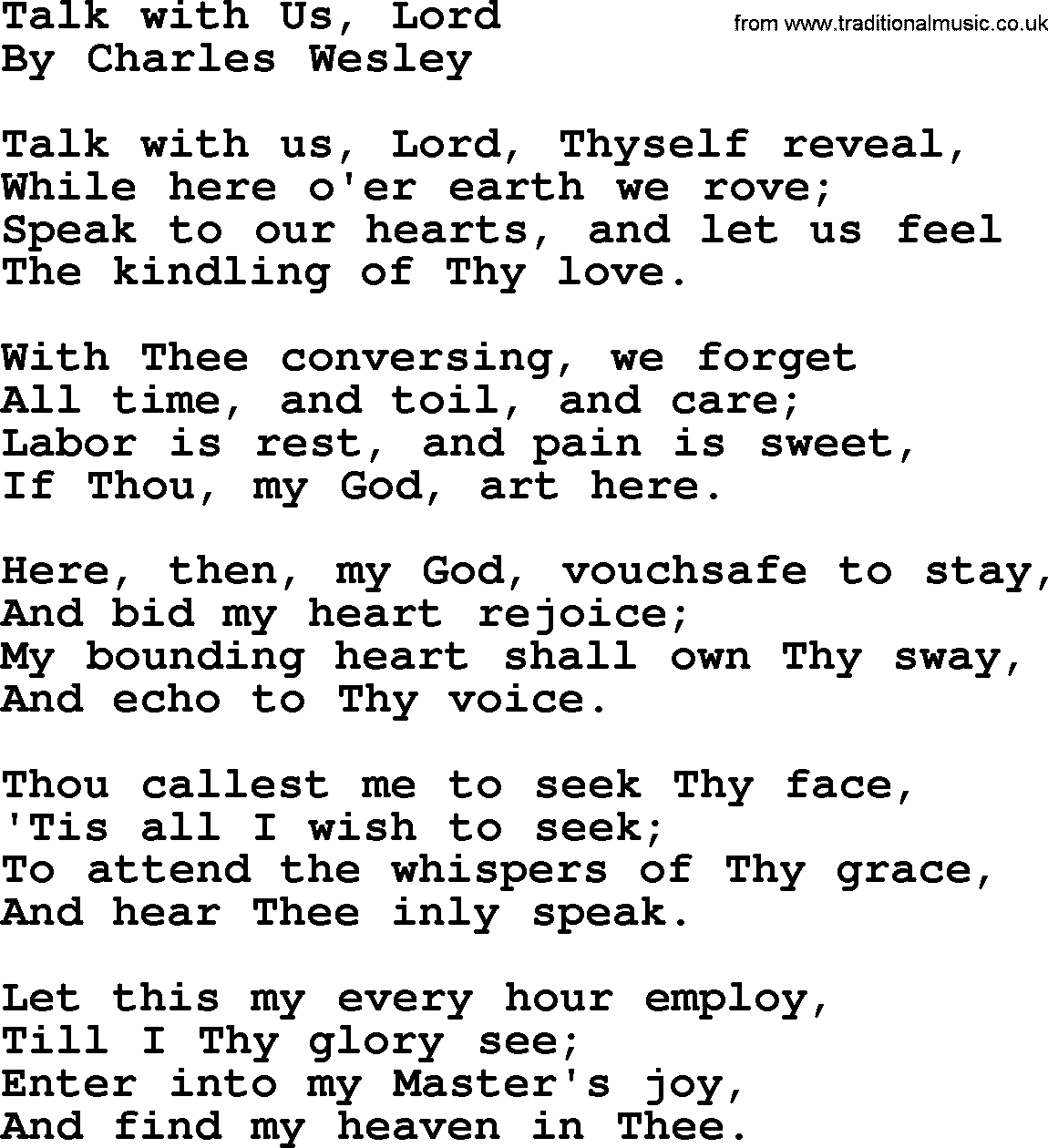 Charles Wesley hymn: Talk with Us, Lord, lyrics